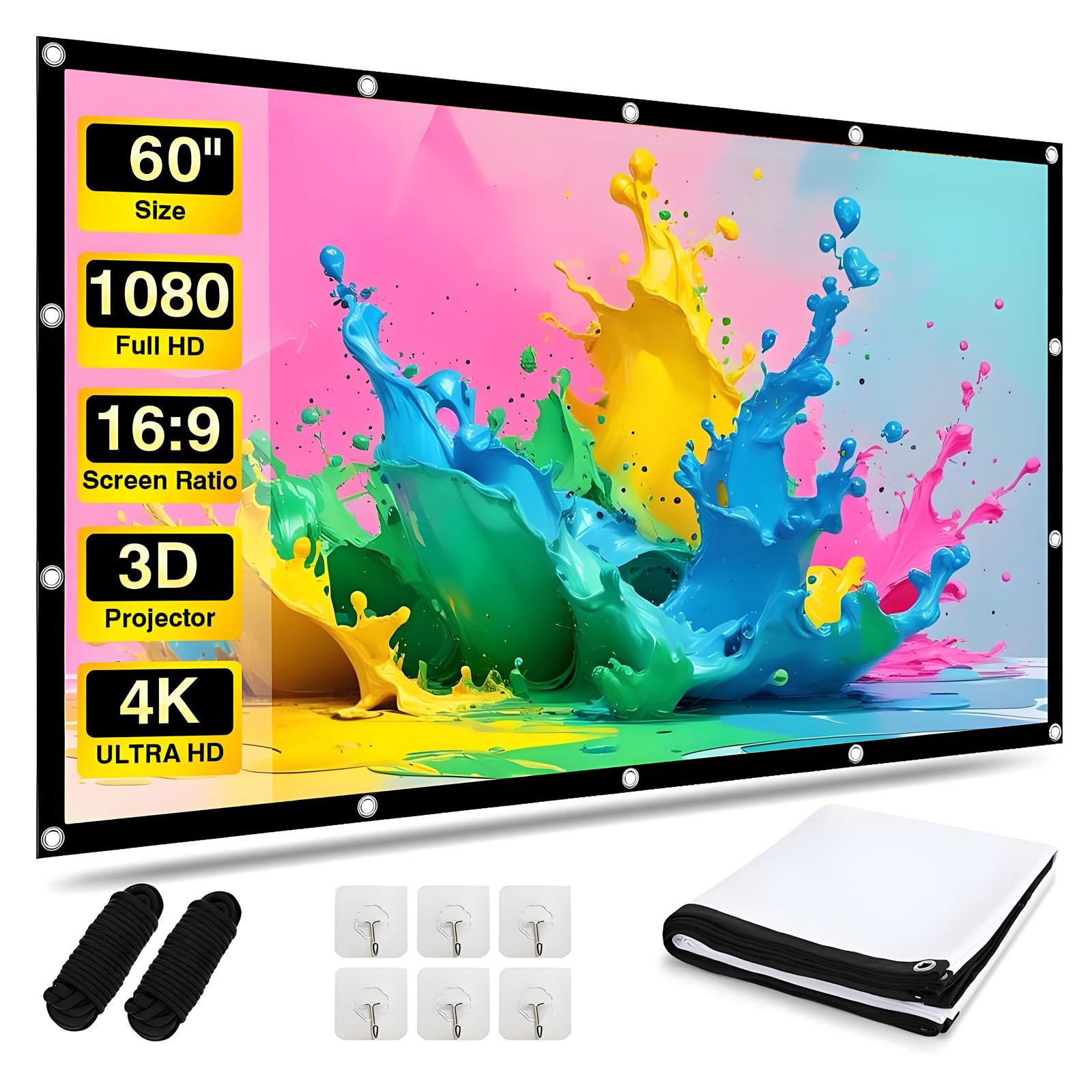 Pantalla para Proyector, 16:9 4K HD Portatil Pantalla Proyector, 60 Pulgadas Tela proyector Pantalla de Cine en Casa, Projector Screen Plegable Exterior Pantalla proyector para Camping Patio