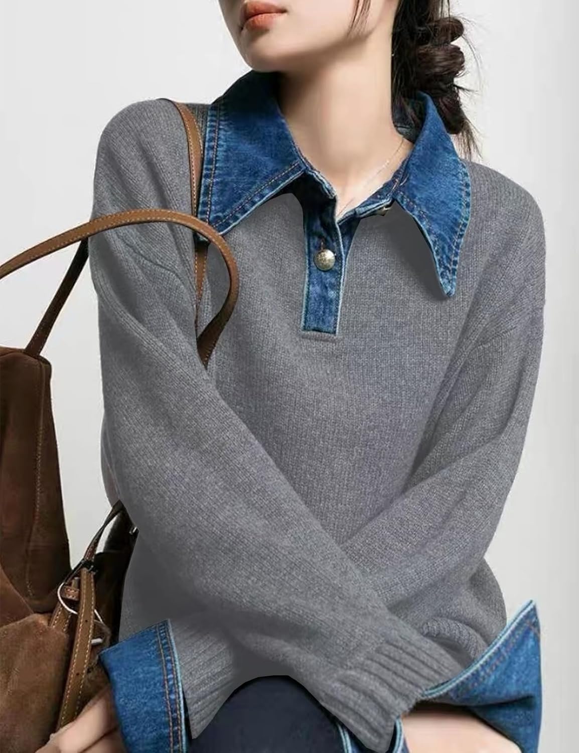 Womens Fall Oversized Long Sleeve Sweaters 2 in 1 Denim Panel Lapel Sweater Polo Knit Sweater Tops - Image 2