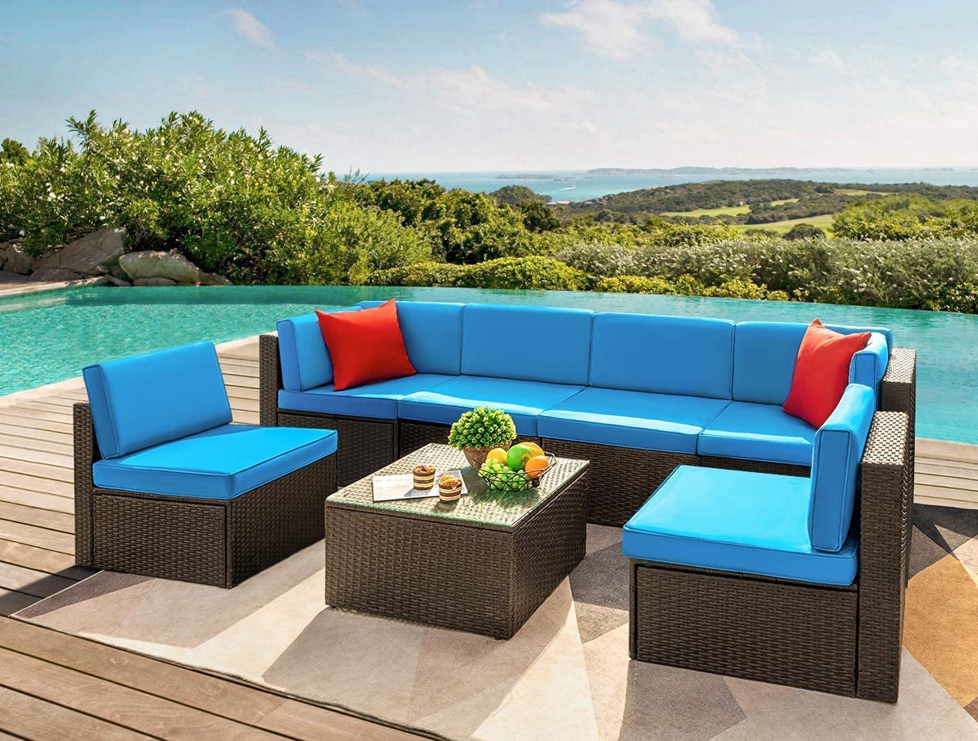 Outdoor Cane Furniture Sofa Set Wicker Sectional Sofa All-Weather Rattan Conversation Sets (Dark Brown and Sky Blue)