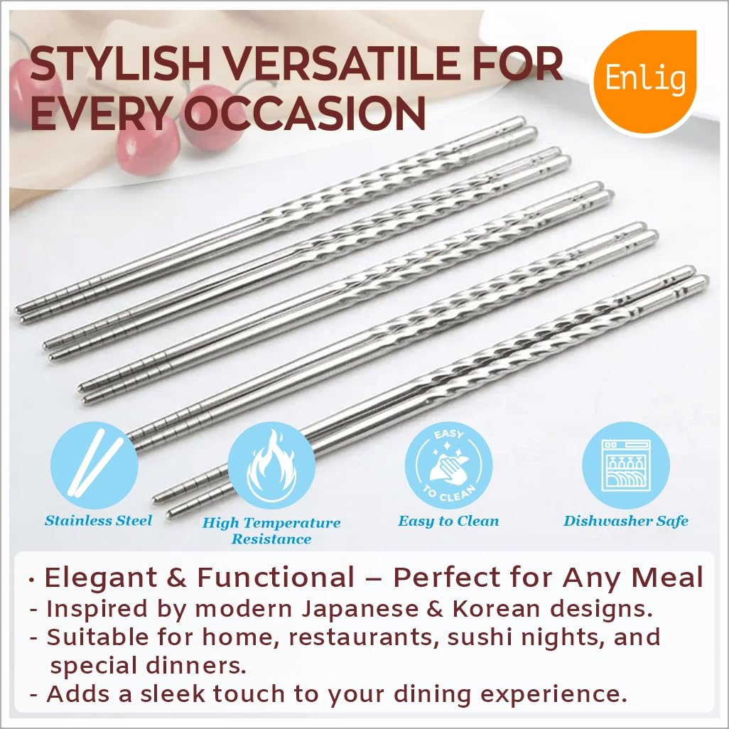 ENLIG 5 Pairs Reusable Stainless Steel Chopsticks | Lightweight, Non-Slip, Durable Korean Chopsticks | Dishwasher Safe 2