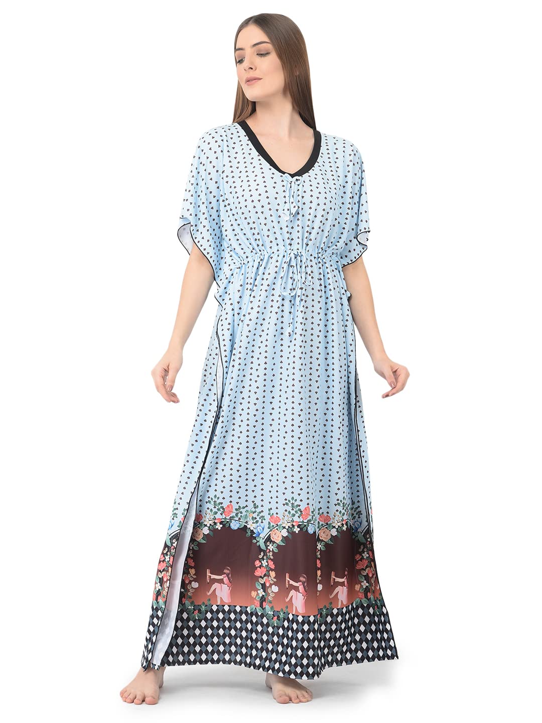 NotyWomen's- Kaftan/Nighty/Maxi/Gown/Nightdress/Nightwear Serena Fabric- V-Neck Spade Club Print
