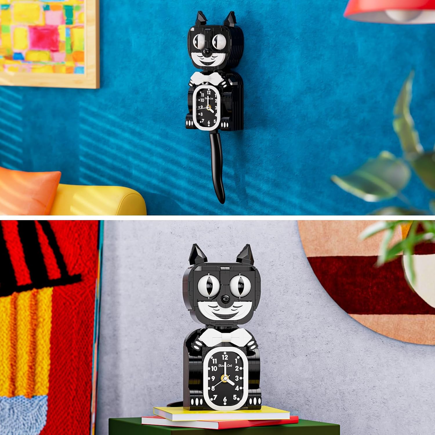JAKI Black Cat Swing Clock displayed both on a wall and on a desk.