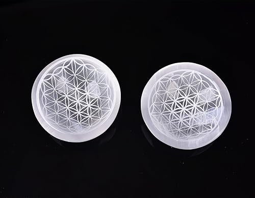 Miniatura 3 de AMOYSTONE Cuenco redondo de carga de selenita para piedras de cristal, 4 pulgadas, patrón de grabado de flor de la vida, 1, decoración del hogar,