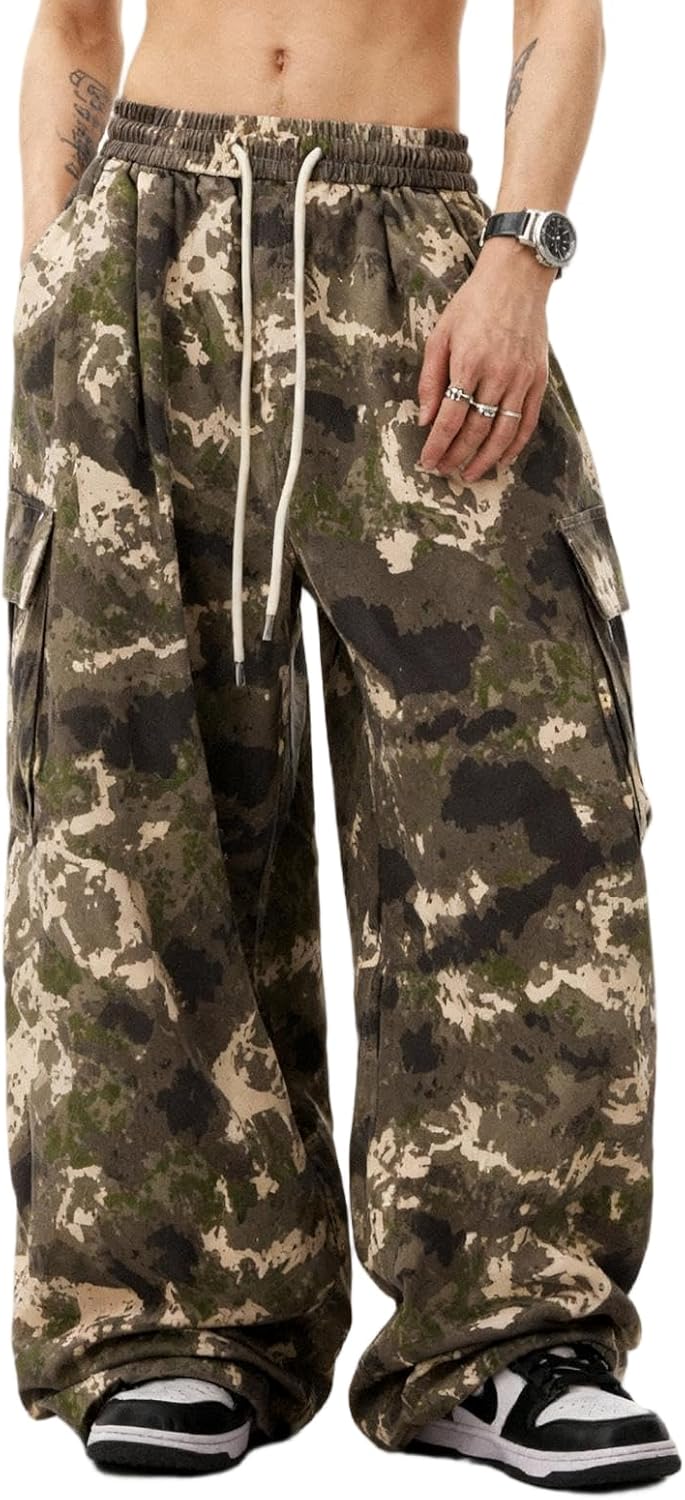 Bakyarder Men's Camo Baggy Pants,Hip Hop Wide Leg, Casual Long Trousers Unisex Streetwear with Drawstring Waist
