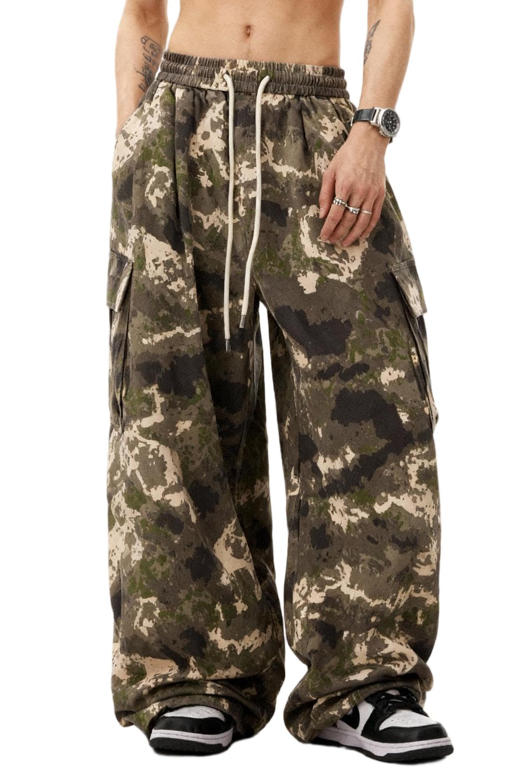 Bakyarder Mens Camo Baggy Cargo Pants Hip Hop Wide Leg Casual Long Trousers Unisex Streetwear with Drawstring Waist