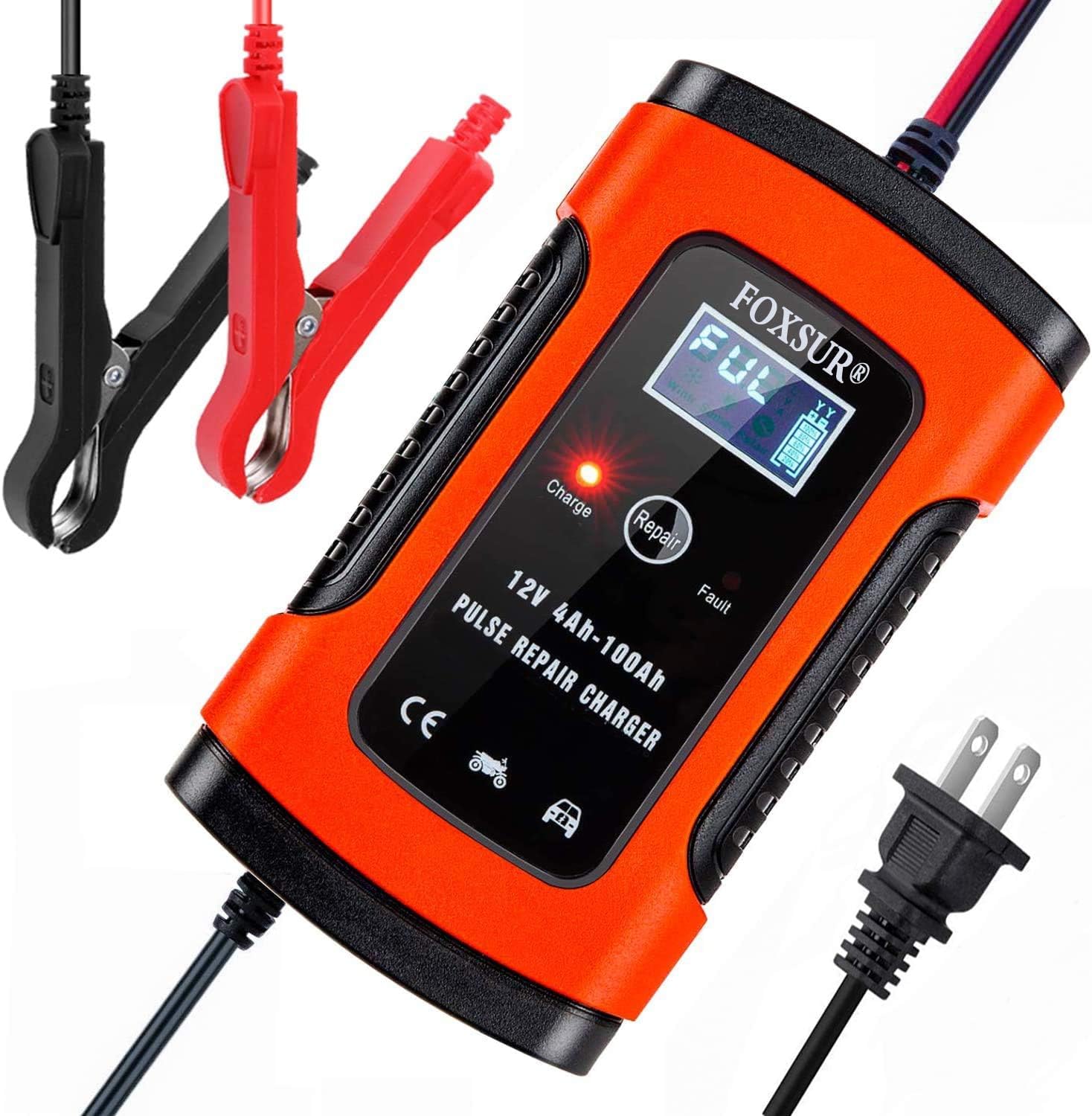 foxsur car battery charger & maintainer, 12v 5amp fully automatic intelligent battery charger with lcd screen, used to charge, maintain and repair batteries for various vehicle (red)