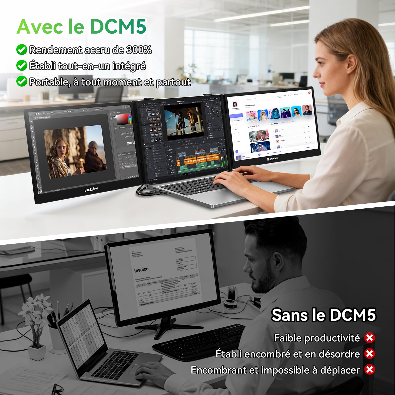 Blackview DCM5 Double Ecran PC Portable 14" FHD 1080P IPS Certifié TÜV Multi Triple Ecran PC Extension Ecran pour 13-17,3" Ordinateur Portable Compatible avec Mac, Windows, Chrome, Android