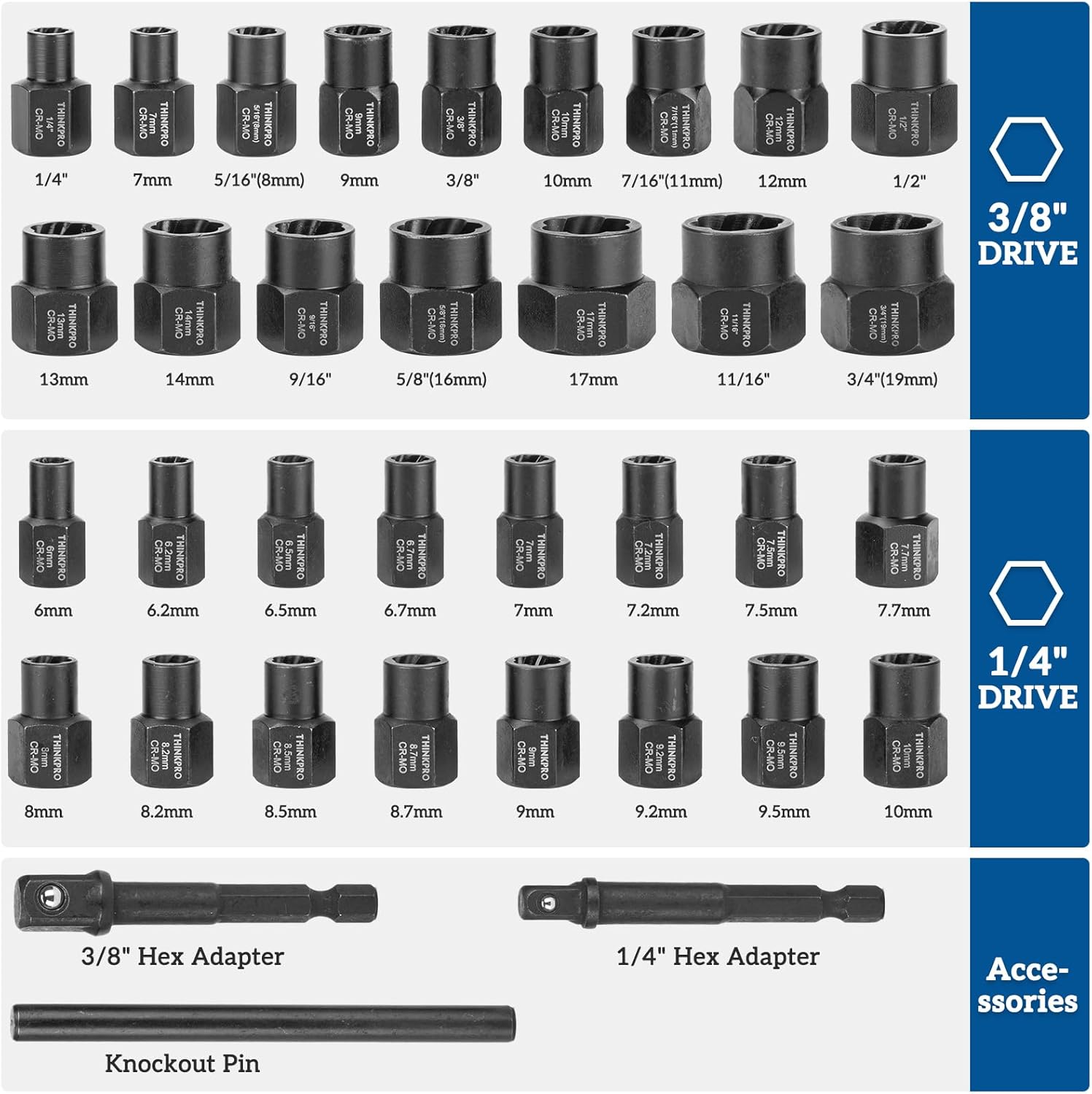 Bolt Extractor Kit,35PCS Nut Extractor Socket Set,Impact Bolt & Nut Remover,Easy Out Bolt Removal Tool for Removing Damaged, Frozen, Rusted, Rounded-Off Bolts, Nuts & Screws