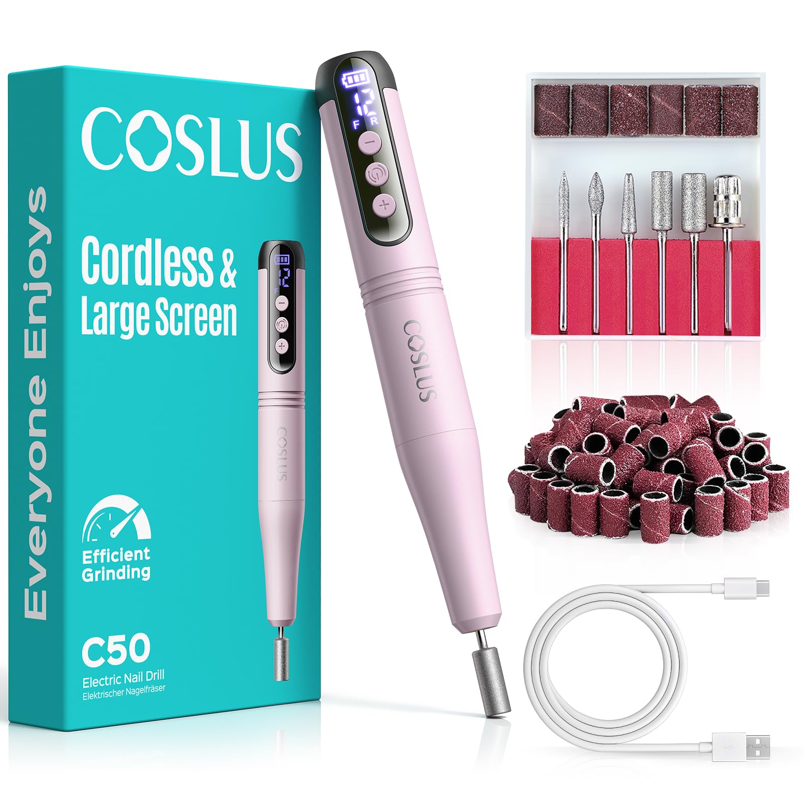 COSLUS C50 Nagelfräser Kabellose Elektrische Nagelfeile: 12-stufiger Nagelfräser mit LED-Display für Gelnägel, Acryl-Gel-Dip-Pulver-Entfernung, Nageldesign-Übung, Heim-DIY & Reisenutzung,Rosa