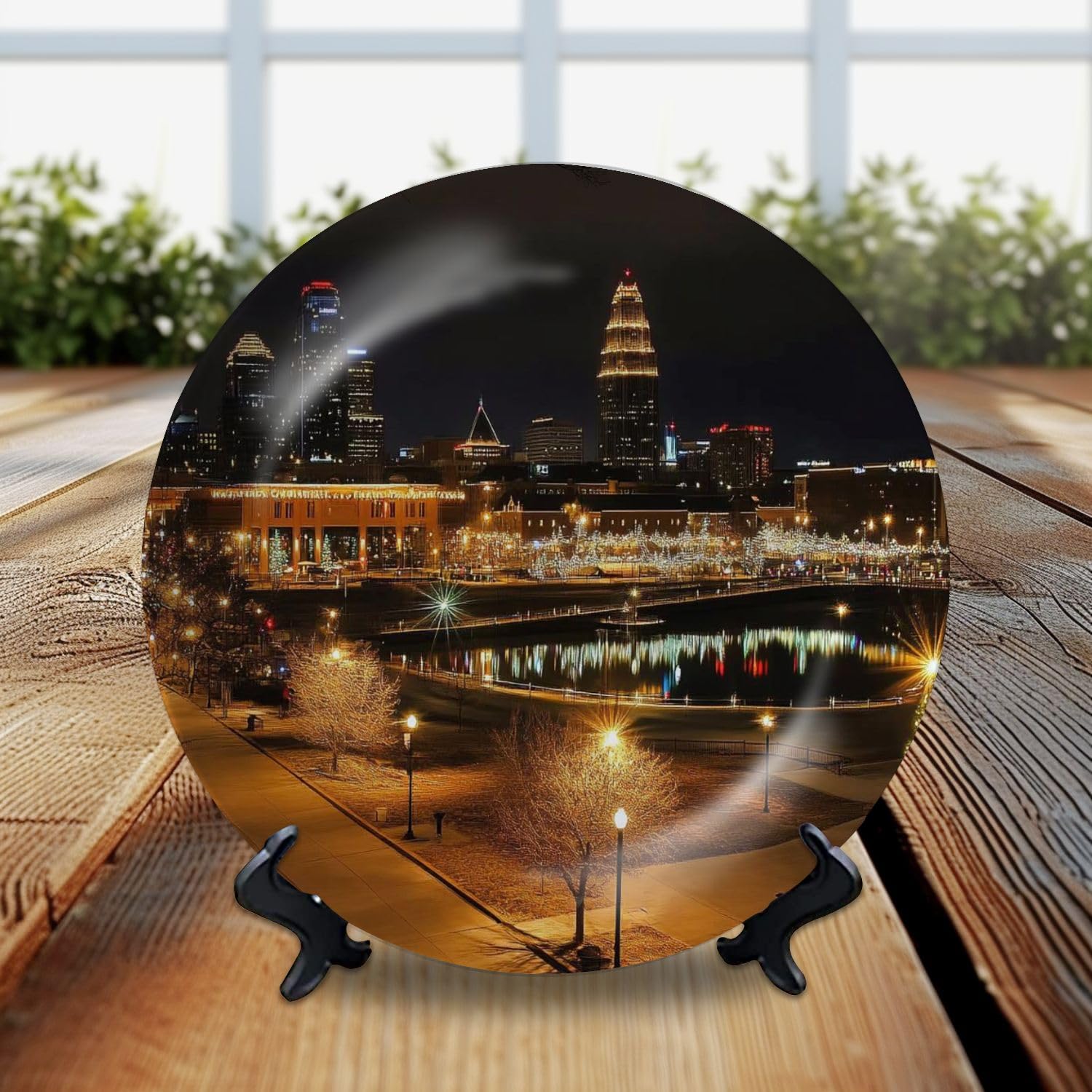 DISAOODANK Decorative Plates Plaza Lights Wall Decor Ceramic Ornament with Display Stand and Hook Up for Festival, Parties, Wedding 8