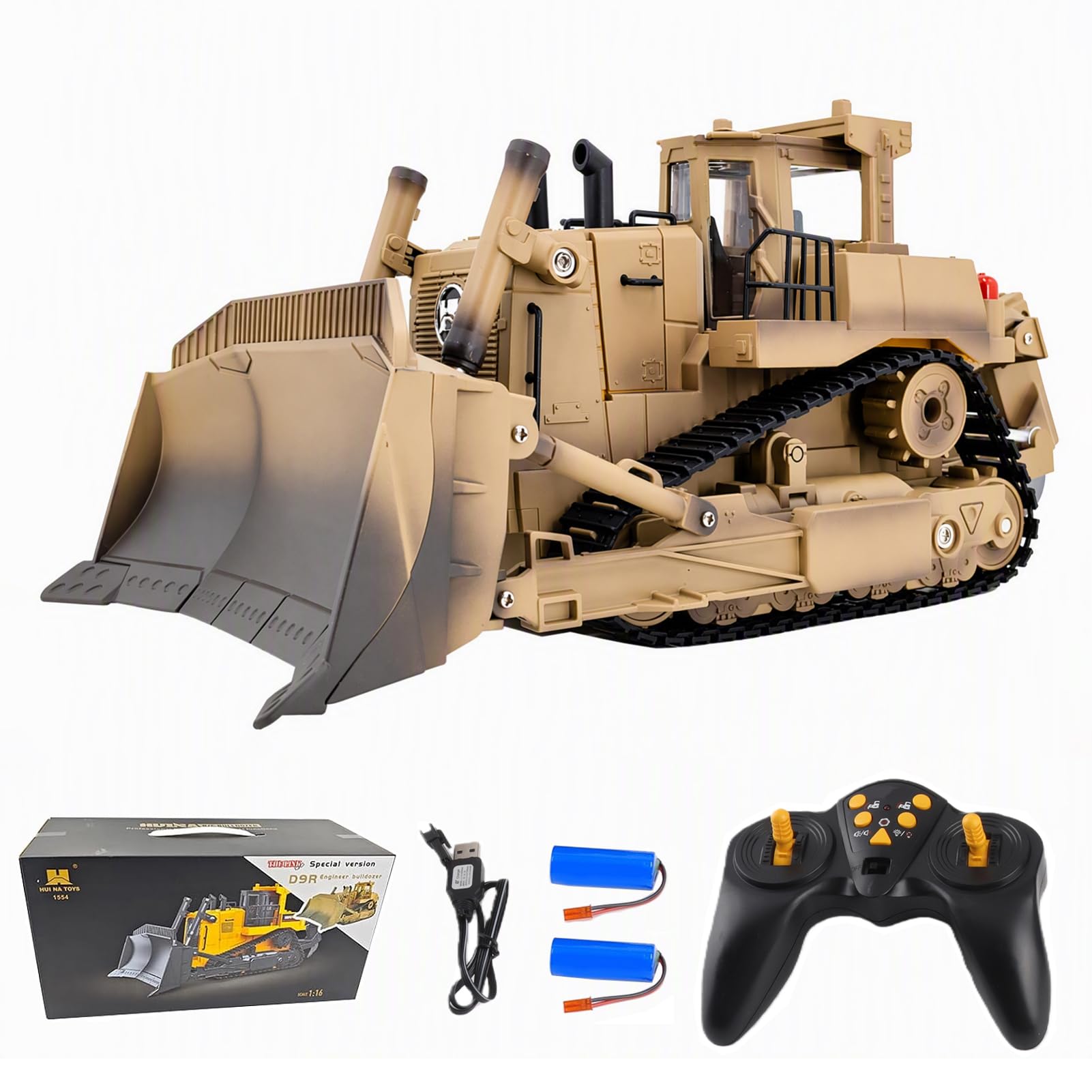 Bulldozer RC a escala 1/16, tractor tipo pista de control remoto de 9 canales de 2.4 GHz, juguete de vehículo de construcción de control remoto para adolescentes, hoja levantable y desgarrador