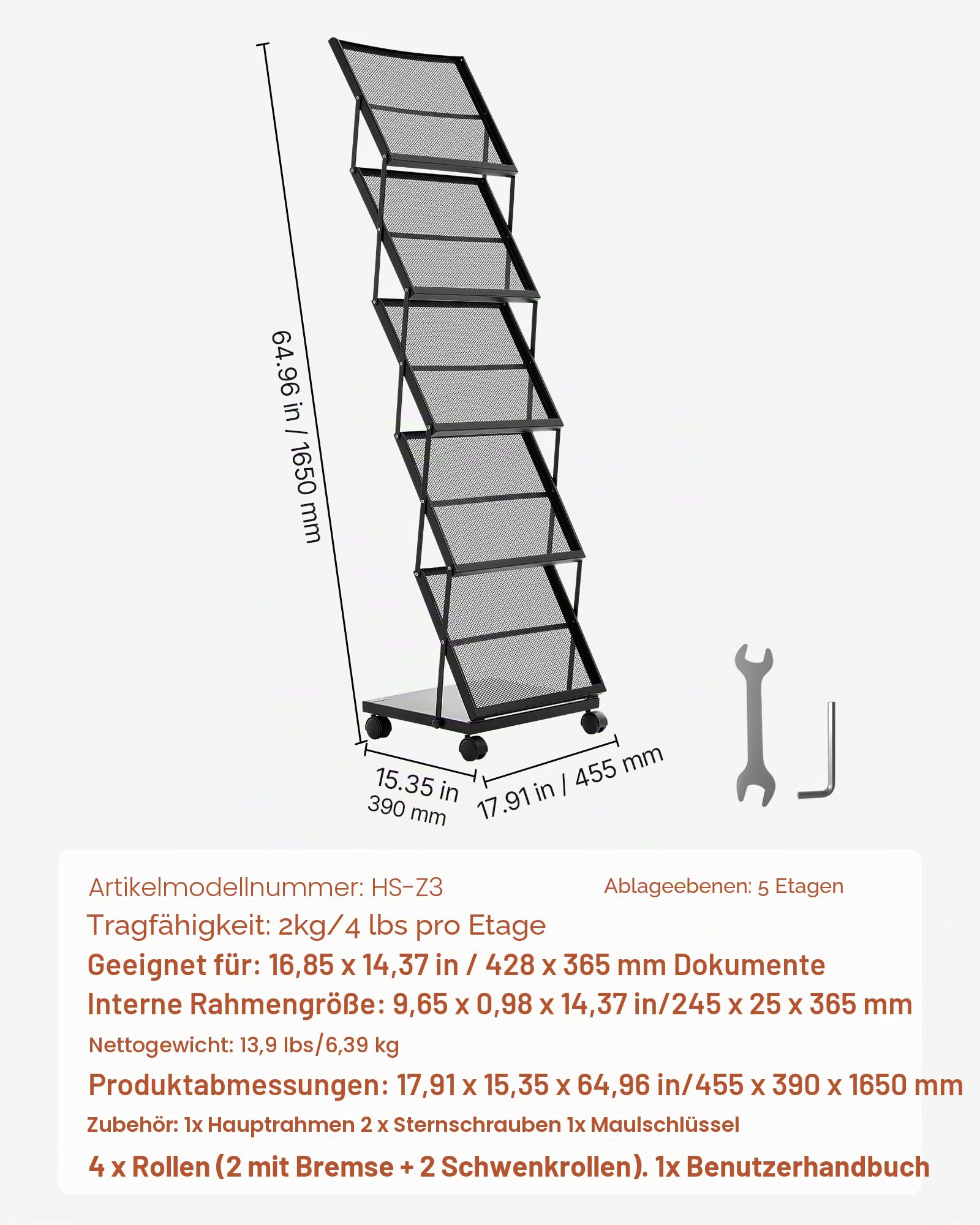 VEVOR faltbarer Prospektständer Zeitschriftenständer mit 5 Taschen, rollbarer Literaturständer Kataloghalter Schrägsteller, Buchständer Bodenaufsteller für Messe, Büroshows, Ausstellung