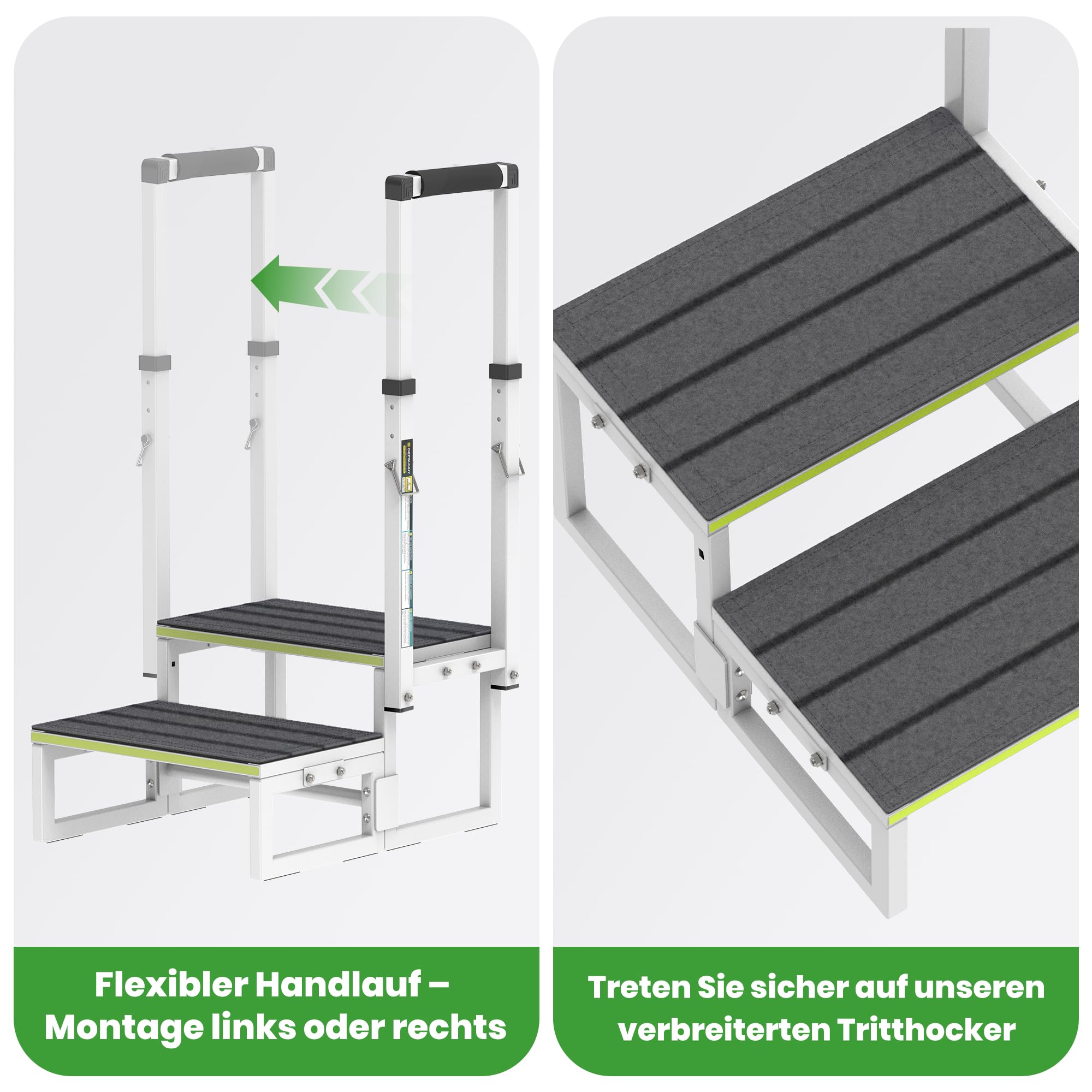 Trittleiter 2 Stufen aus Aluminium, verstellbarer Handlauf beidseitig, extra rutschfeste Trittflächen, 250 kg Tragfähigkeit – ideal für Wohnmobile, Küche & Haushalt