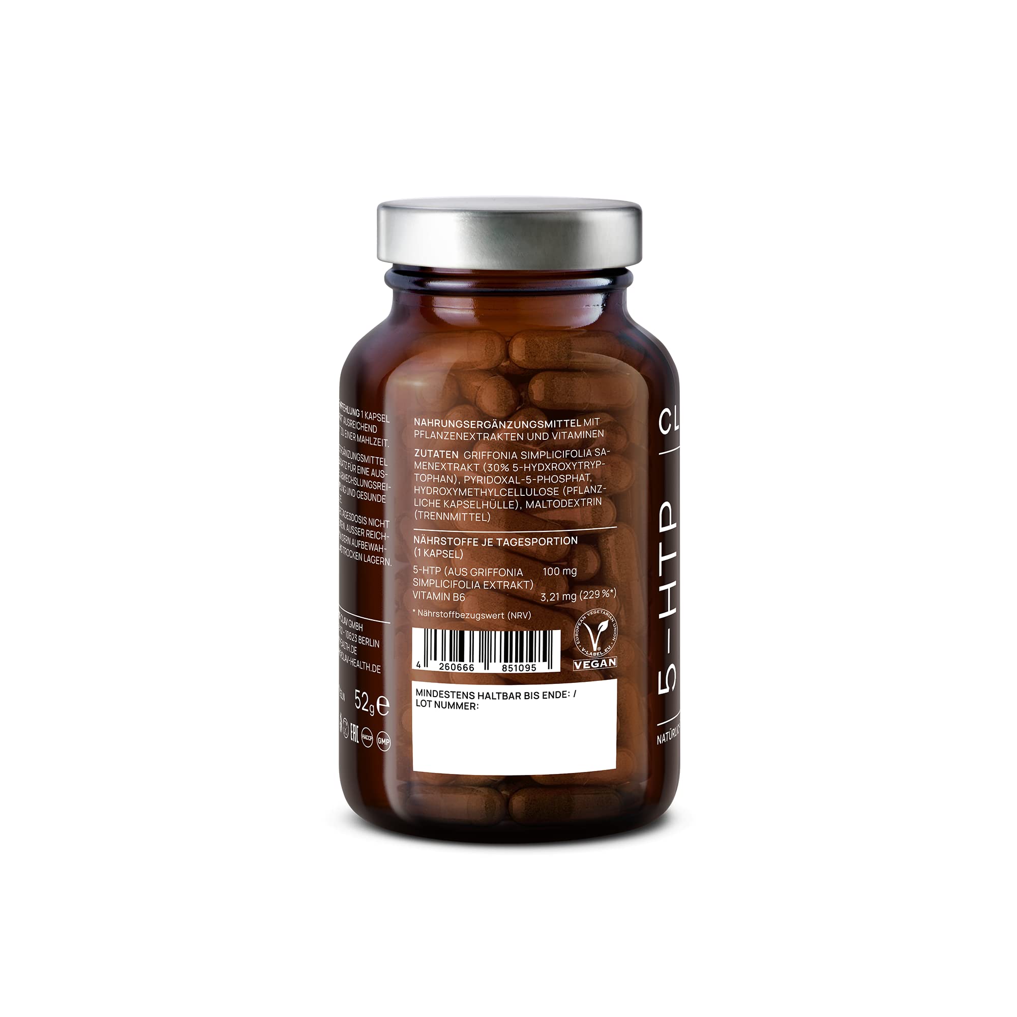 CLAV® 5-HTP Kapseln hochdosiert – 240 Kapseln – plus Vitamin B6 – für Nerven und Psyche – 100 mg aus Griffonia Simplicifolia Samenextrakt – natürlich pflanzlich & vegan