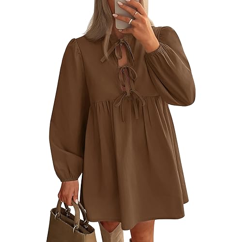 ZESICA Women's Dress Fall Long Puff Sleeve Self Tie Front Babydoll A Line Pleated Cute Mini Tunic Dresses 2024
