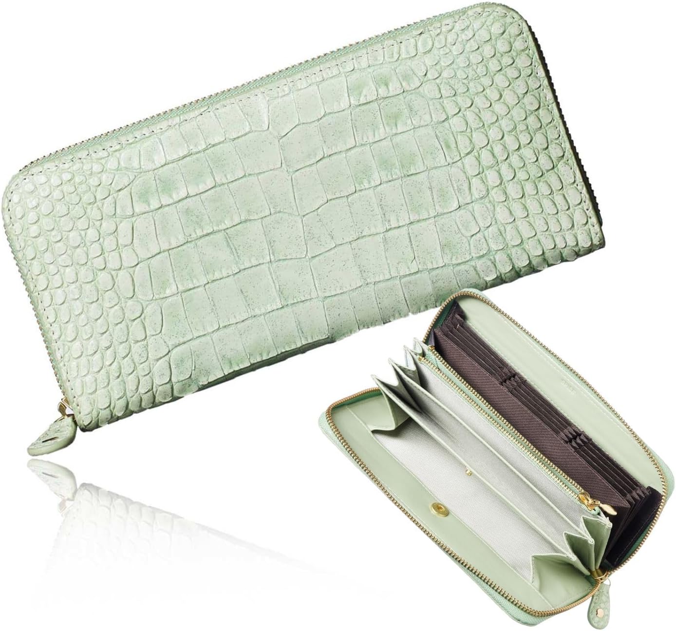 VOICE Align type Long wallet Leather made by MASINI in Italy Cowhide ART.SPICE Beautiful Croc leather with delicate glitter Women's Elegant and easy to use Vertical card case In gift box (Sage Green)