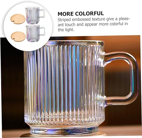 Miniatura 8 de Juego de 2 tazas de café de vidrio iridiscente, tazas de café a rayas con tapa, tazas de vidrio acanaladas, tazas de té de vidrio con rayas