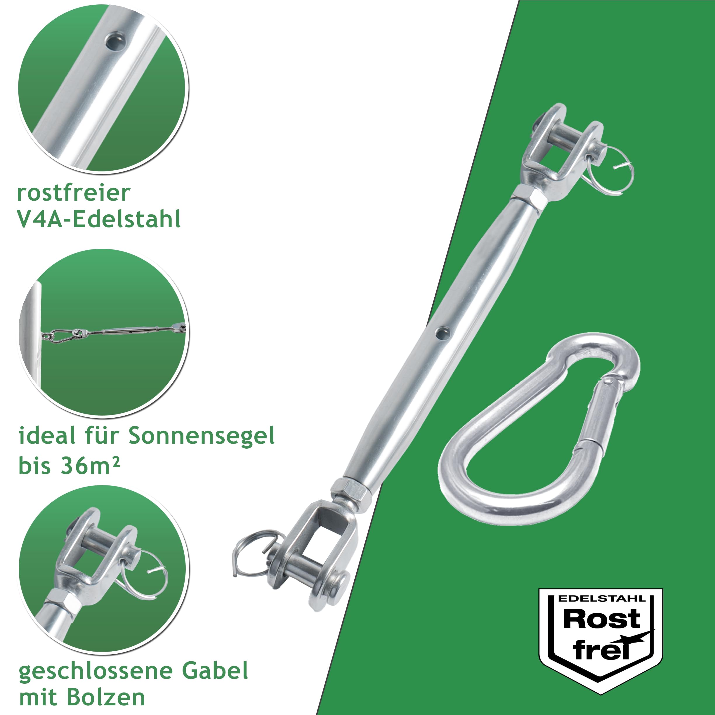 Sonnensegel Befestigungset aus V4A Edelstahl | Set aus M10 Wantenspanner & 80mm Karabiner | Robuste Befestigung für Sonnensegel, Abdeckplane, Drahtseil oder Tarp (4 Paar)