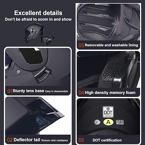 Miniatura 7 de Casco de motocicleta Bluetooth modular aprobado por DOT con visera doble, cara completa, abatible, integrado, cascos de motocicleta con visera