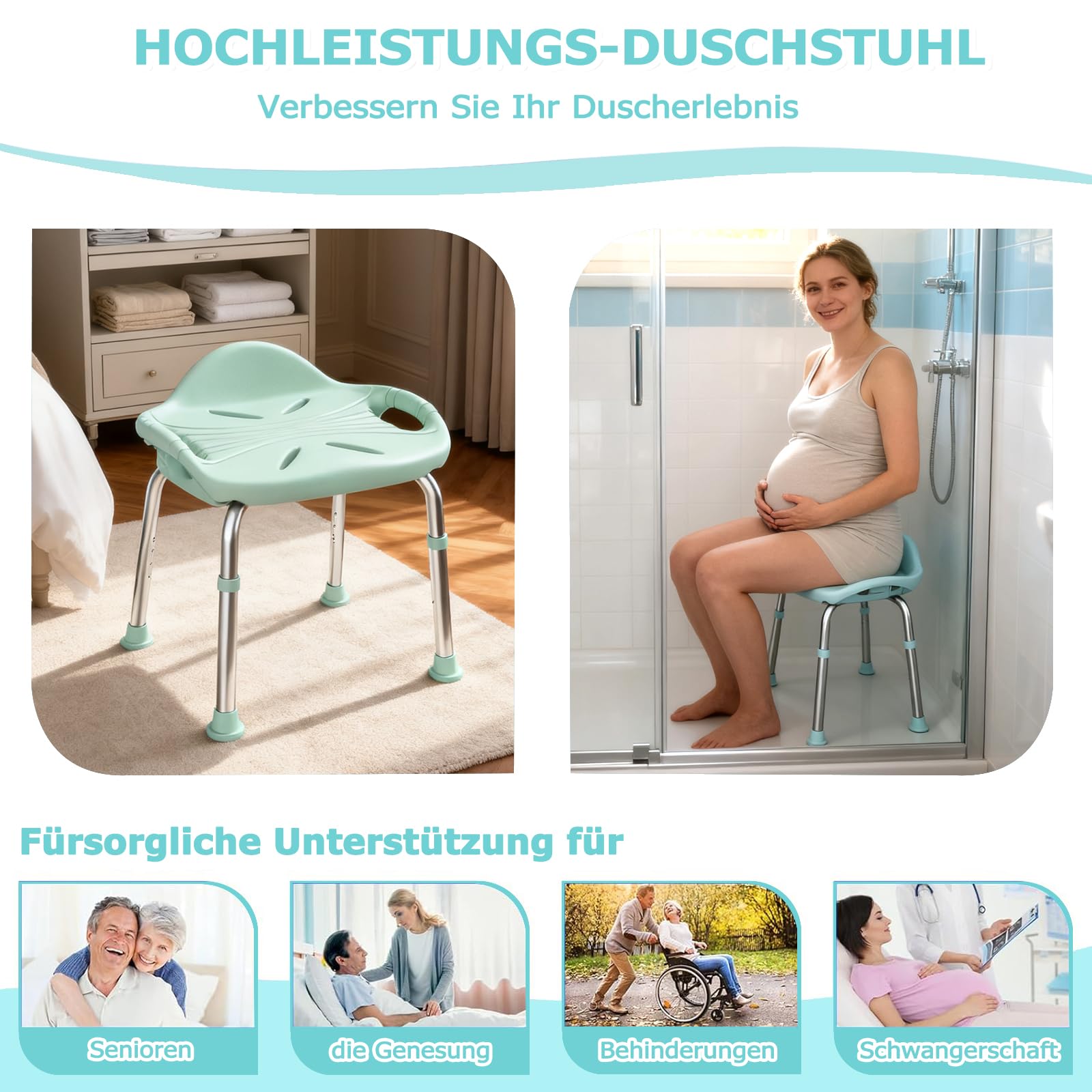Taboret prysznicowy dla seniorów, obciążenie 150 kg, lekki aluminiowy taboret łazienkowy z regulacją wysokości, krzesło prysznicowe z antypoślizgowymi gumowymi nóżkami, małe oparcie i