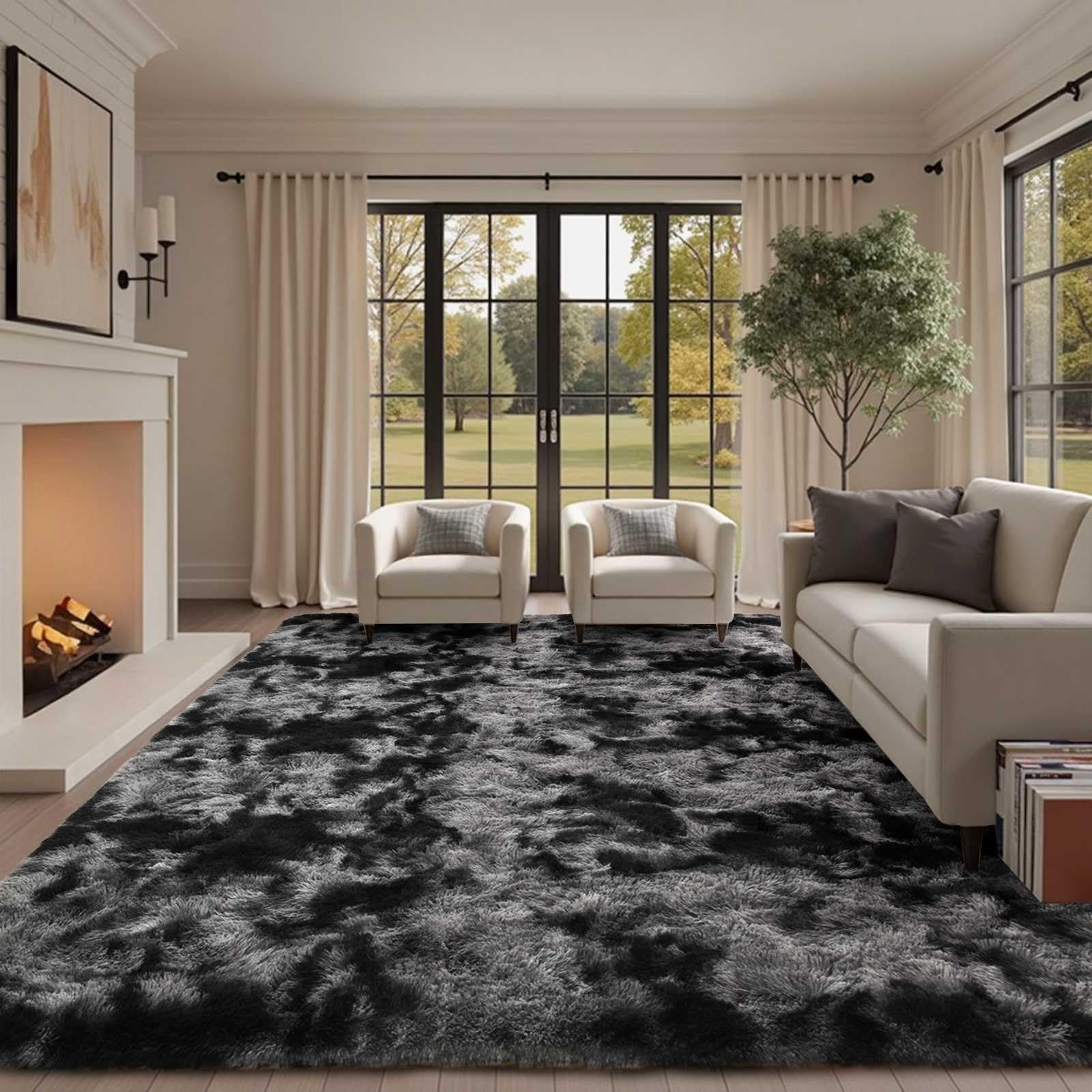 8x10 ft extra large shag rugs for living room, tie dyed ultra soft fluffy furry area rugs for bedroom indoor floor, aesthetic carpet for kids home decor (dark grey)