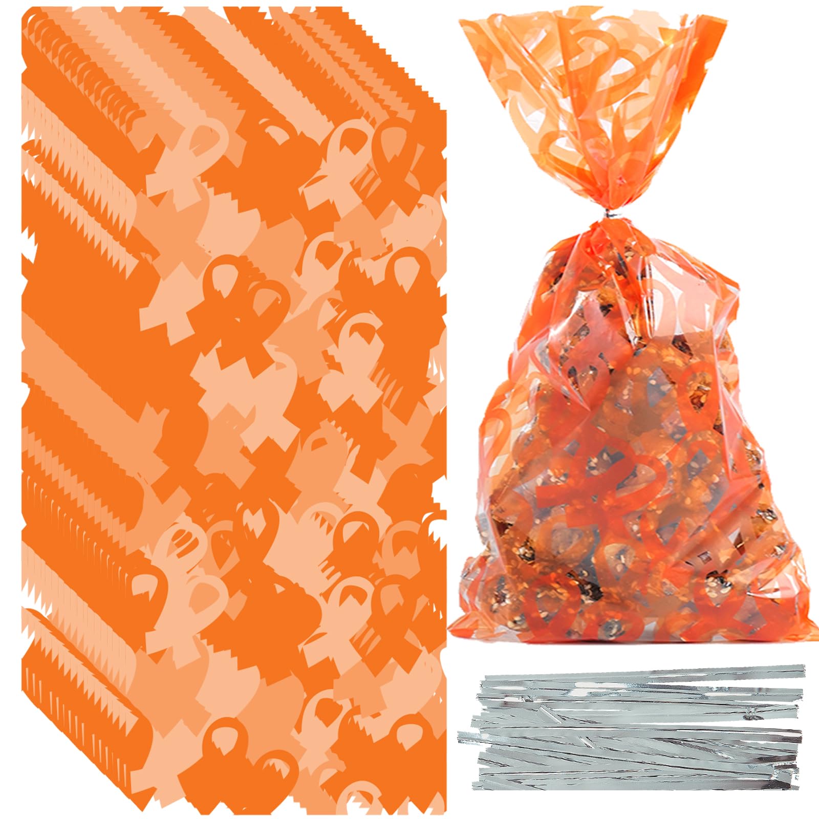 Know meLeukemia Awareness Cellophane Treat Bags - Orange Ribbon Cellophane Gift Bags, Leukemia Cancer Awareness Orange Ribbon Candy Goodies Cellophane Bags Party Favors Supplies