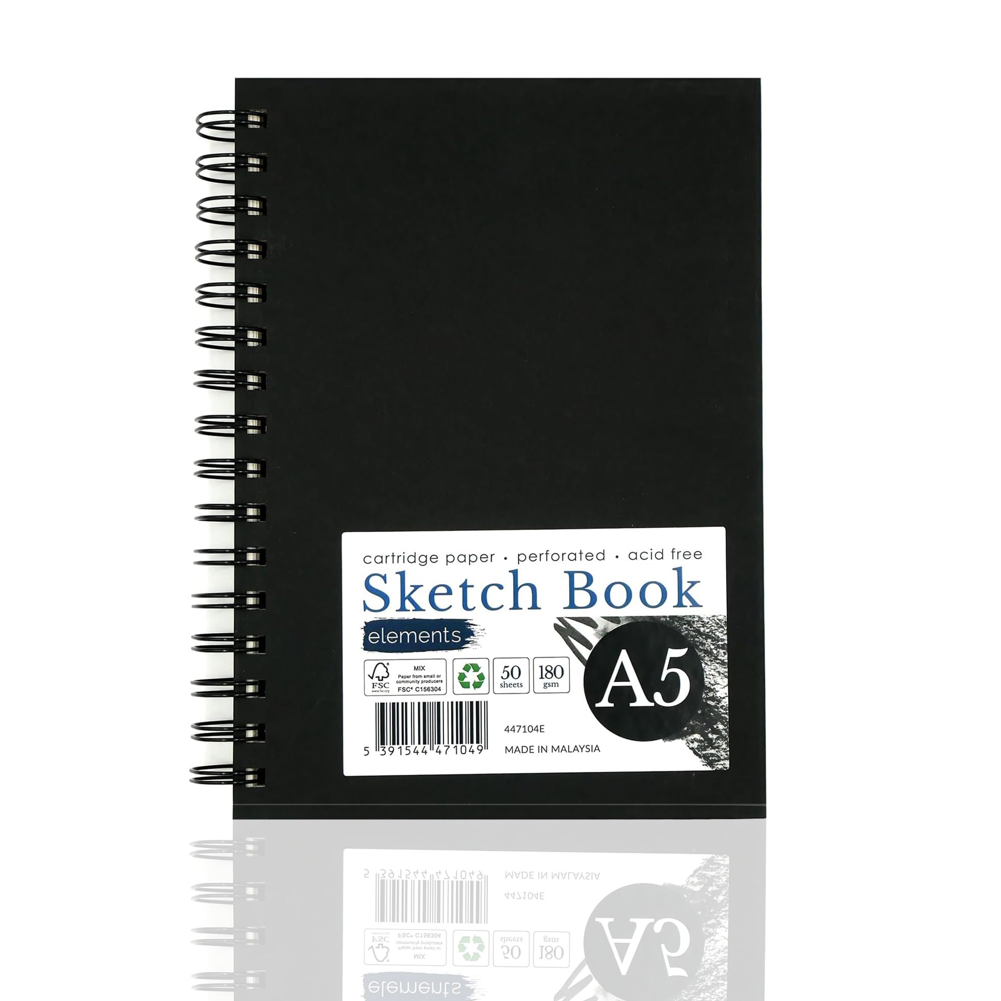 Elements A5 Wire-O Sketch Book | 50 Sheets (100 Sides) | 180 GSM Acid-Free Paper | Perforated Pages – Ideal for Mixed Media Art (Black Cover)