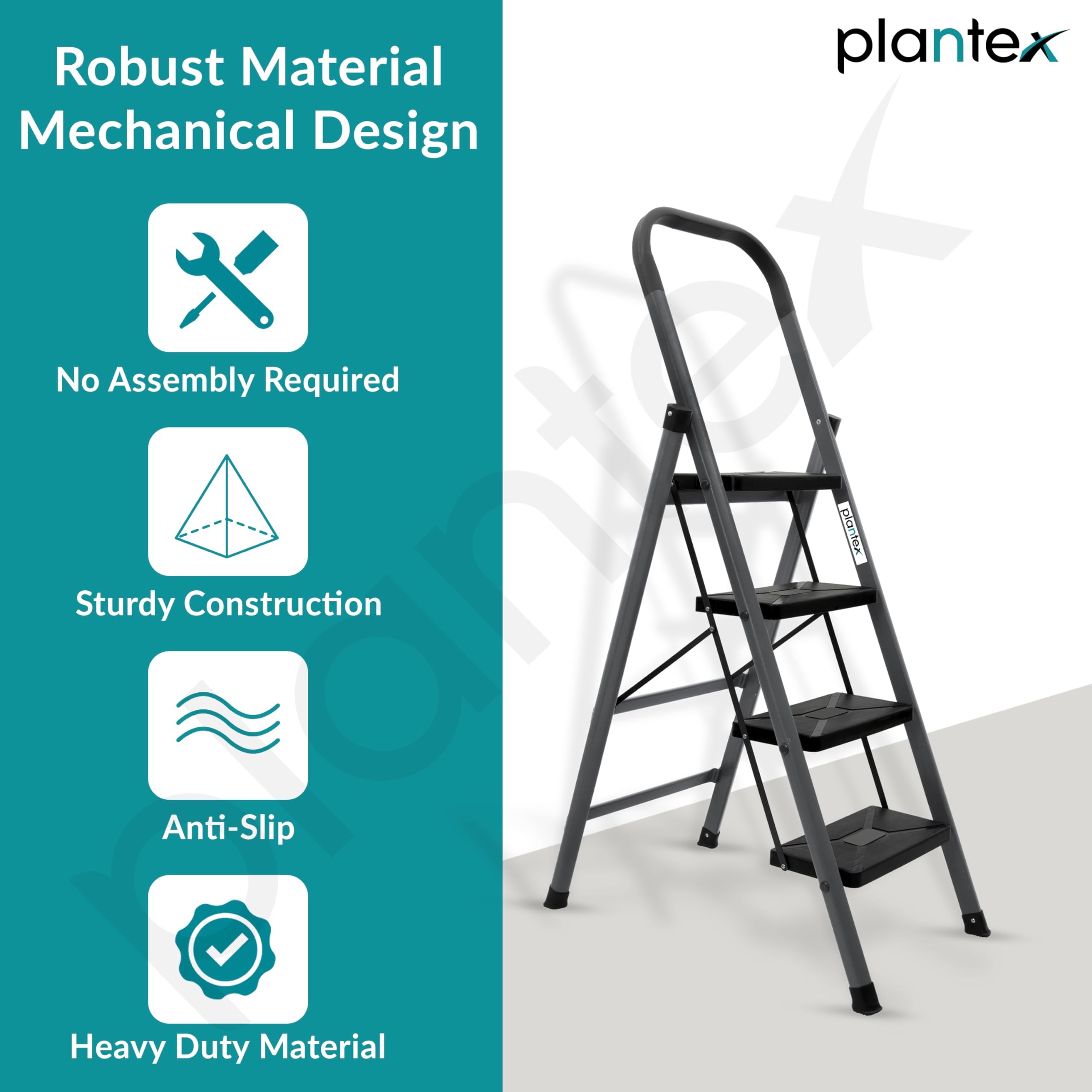 Plantex GI Steel 4-Step Ladder for Home/Easy to fold/Anti-Skid Wide Steps Ladder - (Aura, Black & Grey)