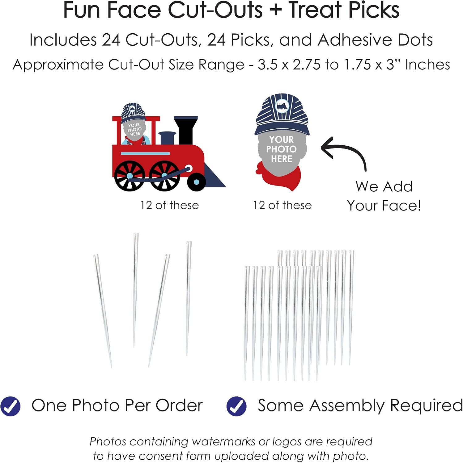 Big Dot of Happiness Custom Photo Railroad Party Crossing - Steam Train Birthday Party or Baby Shower Dessert Cupcake Toppers - Fun Face Clear Treat Picks - Set of 24