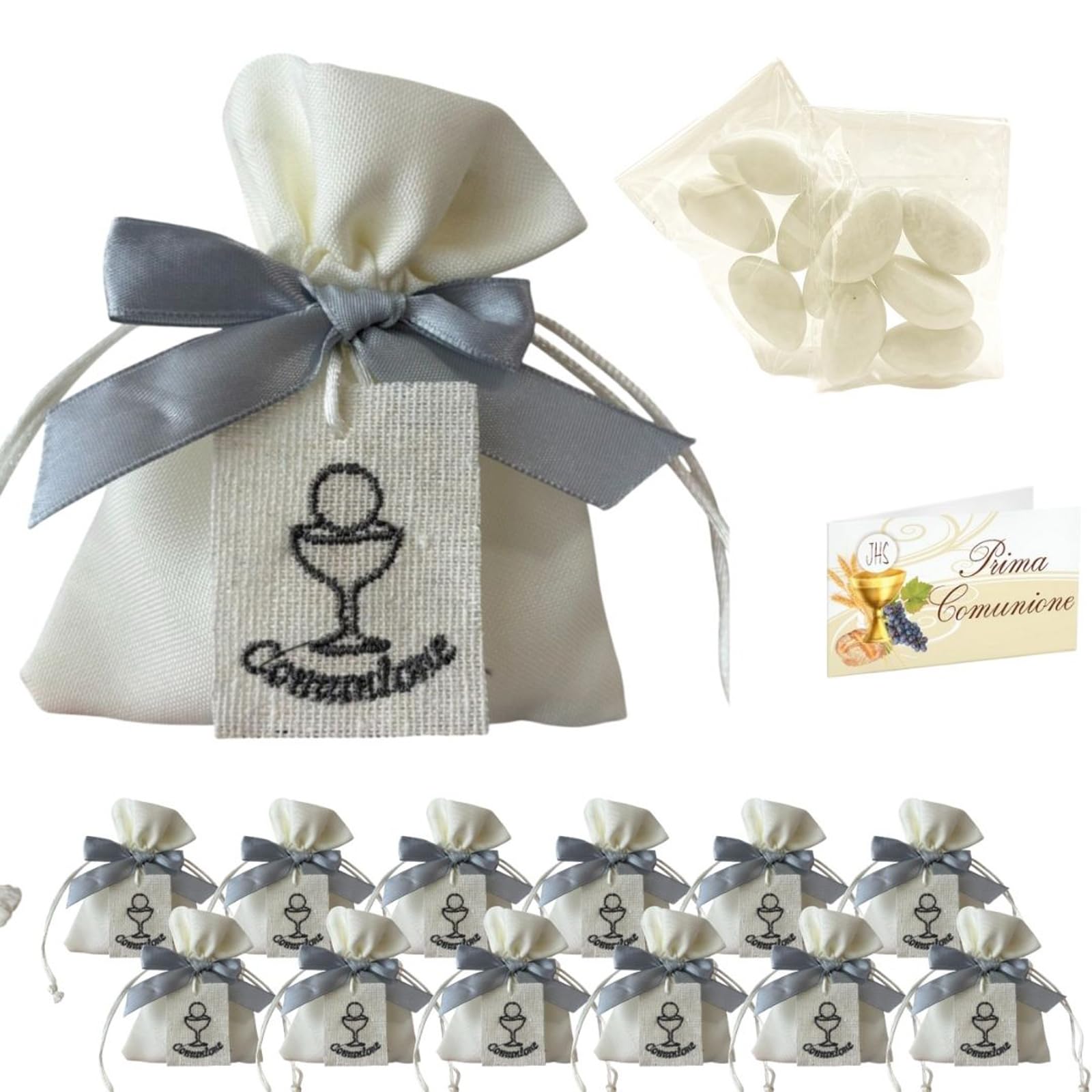 Doni Bomboniere Set Comunione 12 Sacchetti Portaconfetti in Cotone Fiocco e Targhetta Simboli Sacri Comunione con Bustine Confetti Bianchi Cioccolato Bigliettini Personalizzabili Confettata