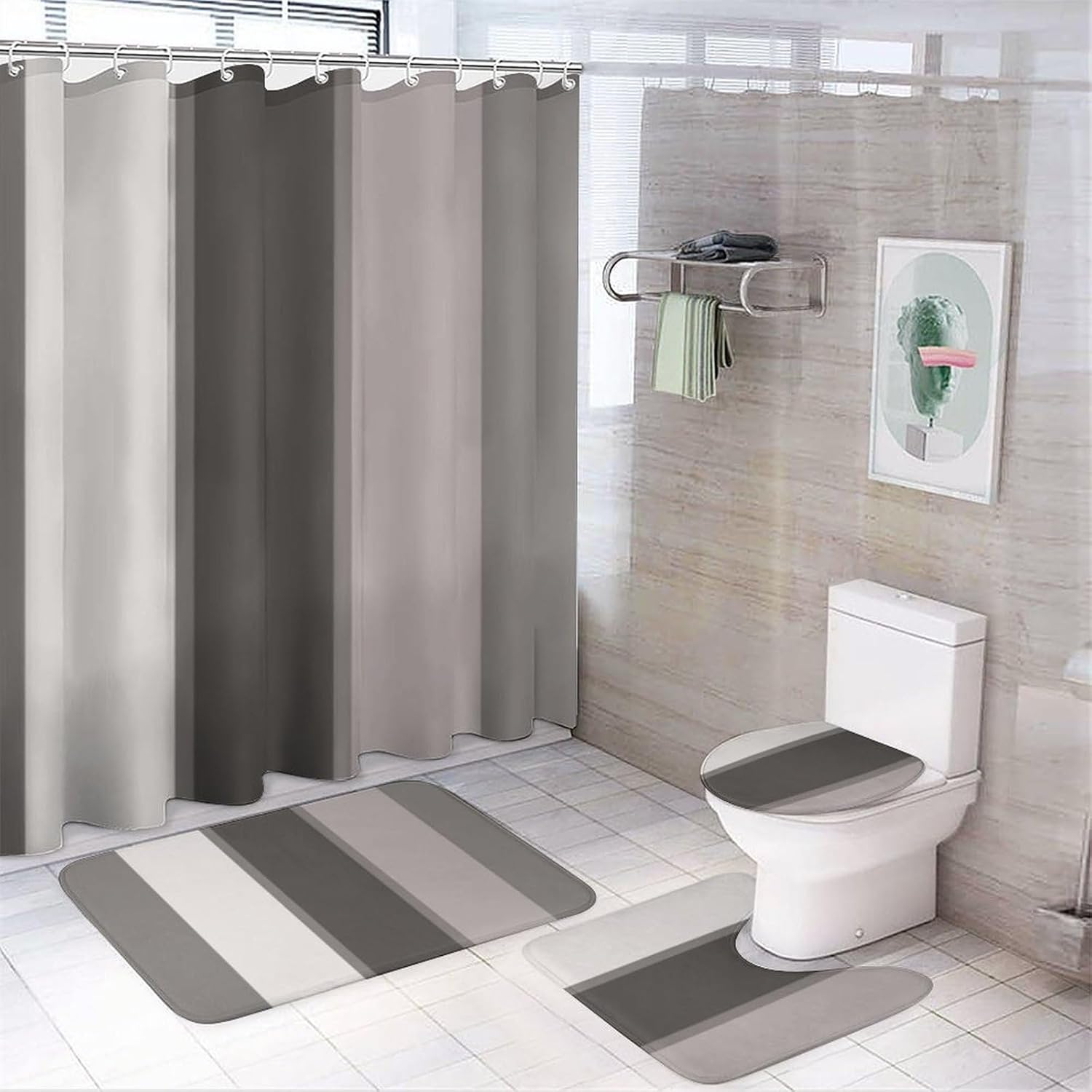 4Pcs Shower Curtain Sets, Bathroom Sets with Non-Slip Bath Rugs, Toilet Lid Cover & U Shape Mat, Waterproof Shower Curtain with 12 Hooks, 72"x72"