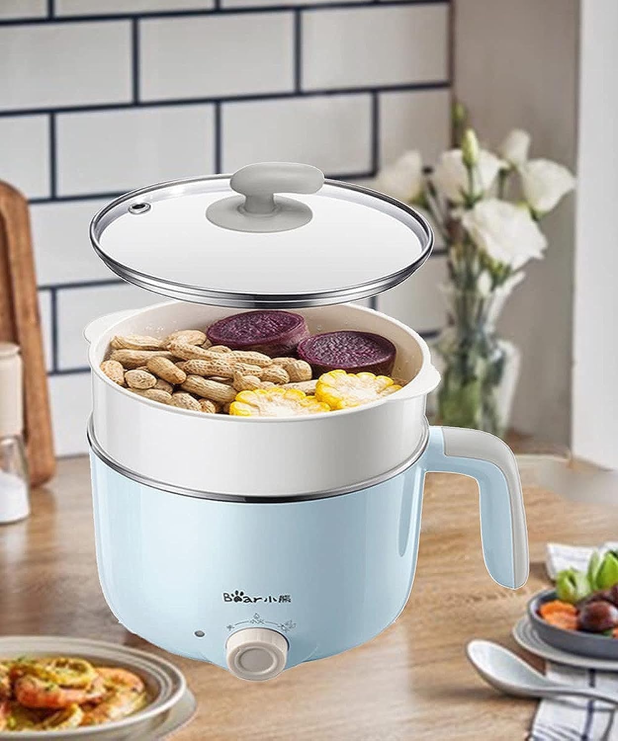 Inder Bear Multifunction Electric Cooker Double With Steamer - 600W Mini Multi-Purpose Electric Cooking Pot - 1.2L Stainless-Steel Non-Stick Hot Pot Outdoor Indoor Cooker Steamer(3Pin Au/Cn Plug)