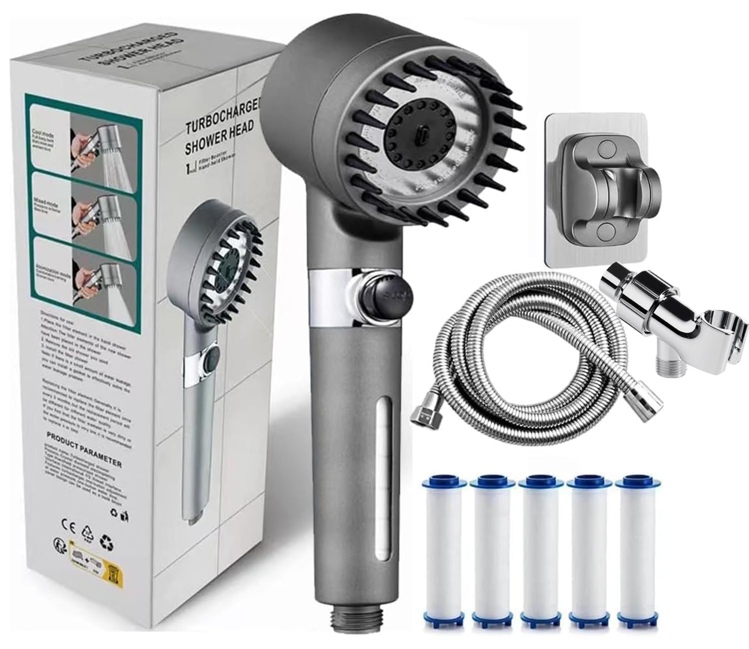 Ion Shower Drops Head Filtered Showerhead With Five Filters,Filtered Shower Head With Handheld,High Pressure Turbo Showerhead,Reusable,Adjustable Settings With Hose ok