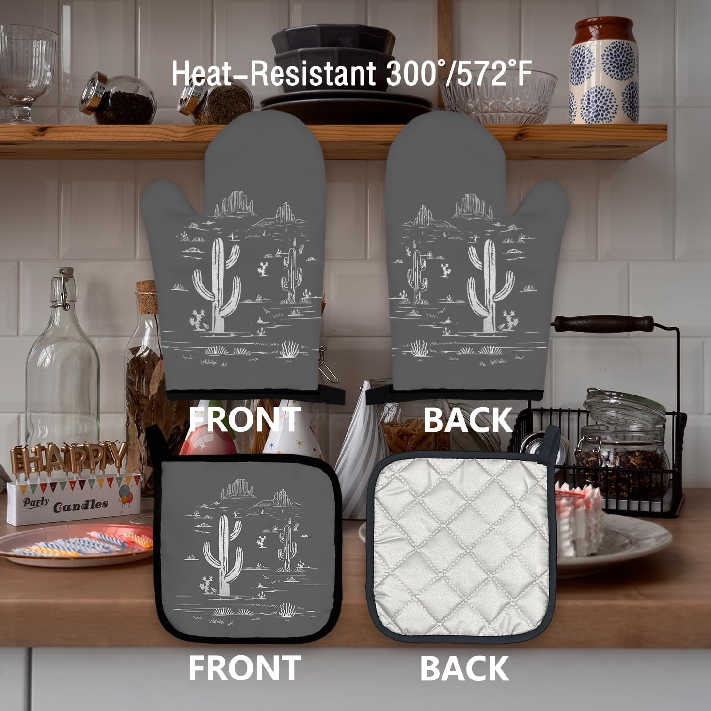 Grey Western Oven Mitts and Pot Holders Sets, Cactus Kitchen Accessories, Over Mittens for Decor, Gloves Gifts