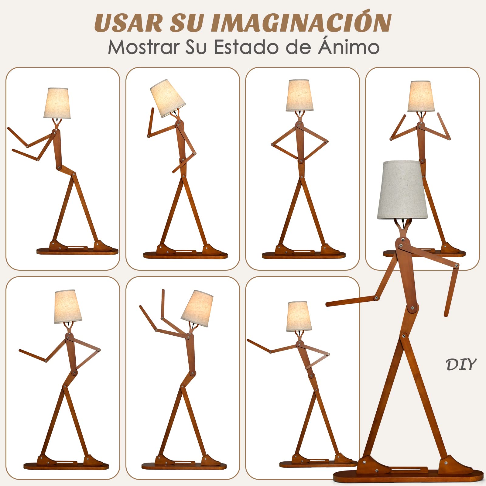COSTWAY Lámpara de Pie Madera, Forma Creativa humanoide, Articulaciones Ajustables, Lámpara de Salón, Dormitorio, Max.40W