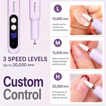 Cordless Electric Nail Drill Professional 3 Speeds Nail Drill Kit for Acrylic Gel Dip, USB Portable Rechargeable 20000 RPM Efile Manicure Pedicure Polishing Shape Tools(Purple)
