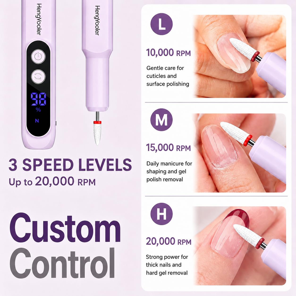 Ponceuse pour Ongles Professionnelle,Portable Lime à Ongles Electrique avec Affichage LED,5 Vitesses Réglables Perceuse à Ongles Kit de Manucure Pédicure（Violet）