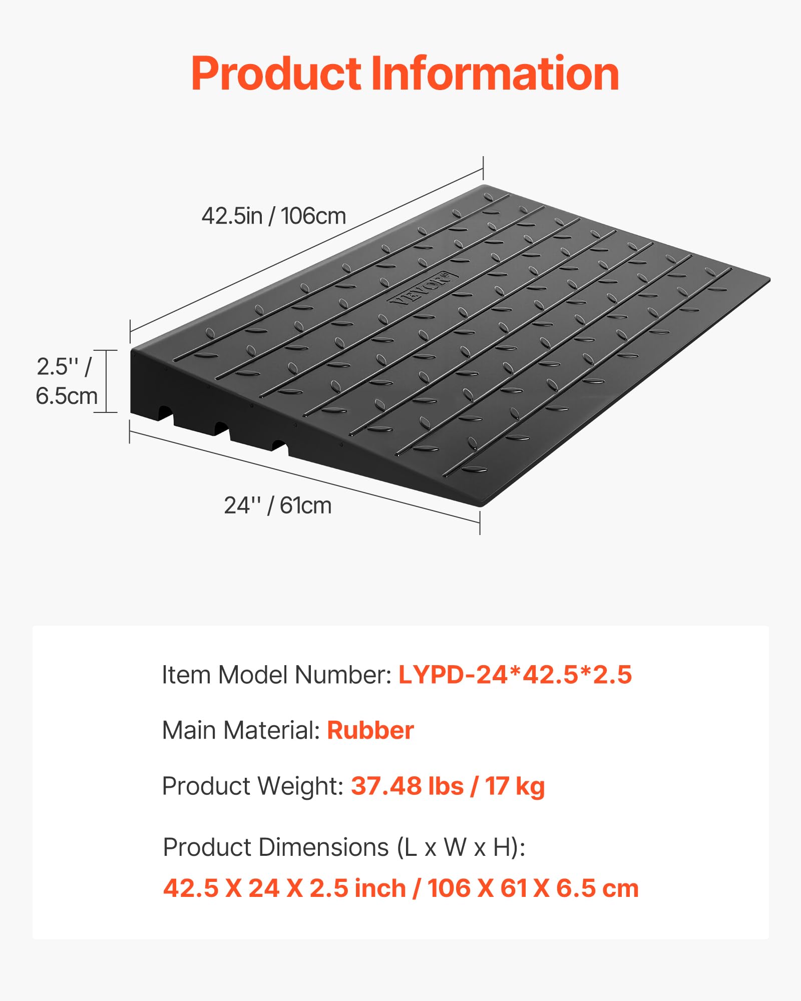 VEVOR Rampa de umbral de Goma 6,5 cm Cubierta de Cable de 3 Canales rampa de umbral sólida Entrada en ángulo de Goma Capacidad de Carga Nominal de 1000 kg para Casas Peldaños Escaleras Puertas Plata