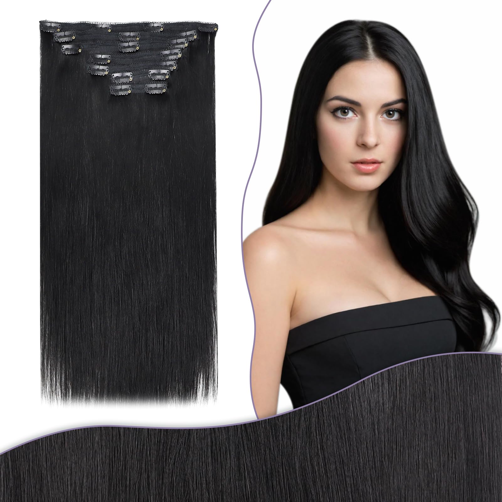 Fshine Lisci Capelli Clip Estensioni Dei Capelli Umani Reale Capelli Veri 22 Pollici Extension Lisce 150G Lisci Capelli Nero Naturale Extension Veri 7 Pezzi Full Head Double Weft Extension Clip 1B