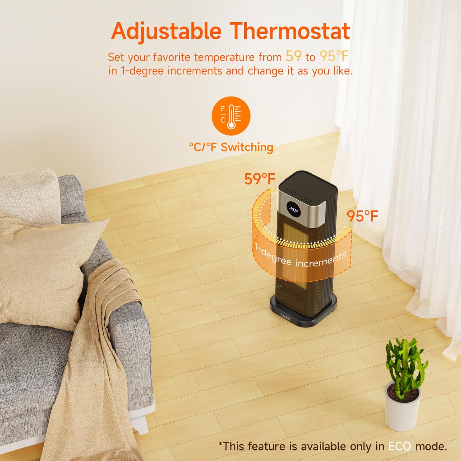 VEEMI S760 Space Heater showing adjustable thermostat settings in Fahrenheit and Celsius