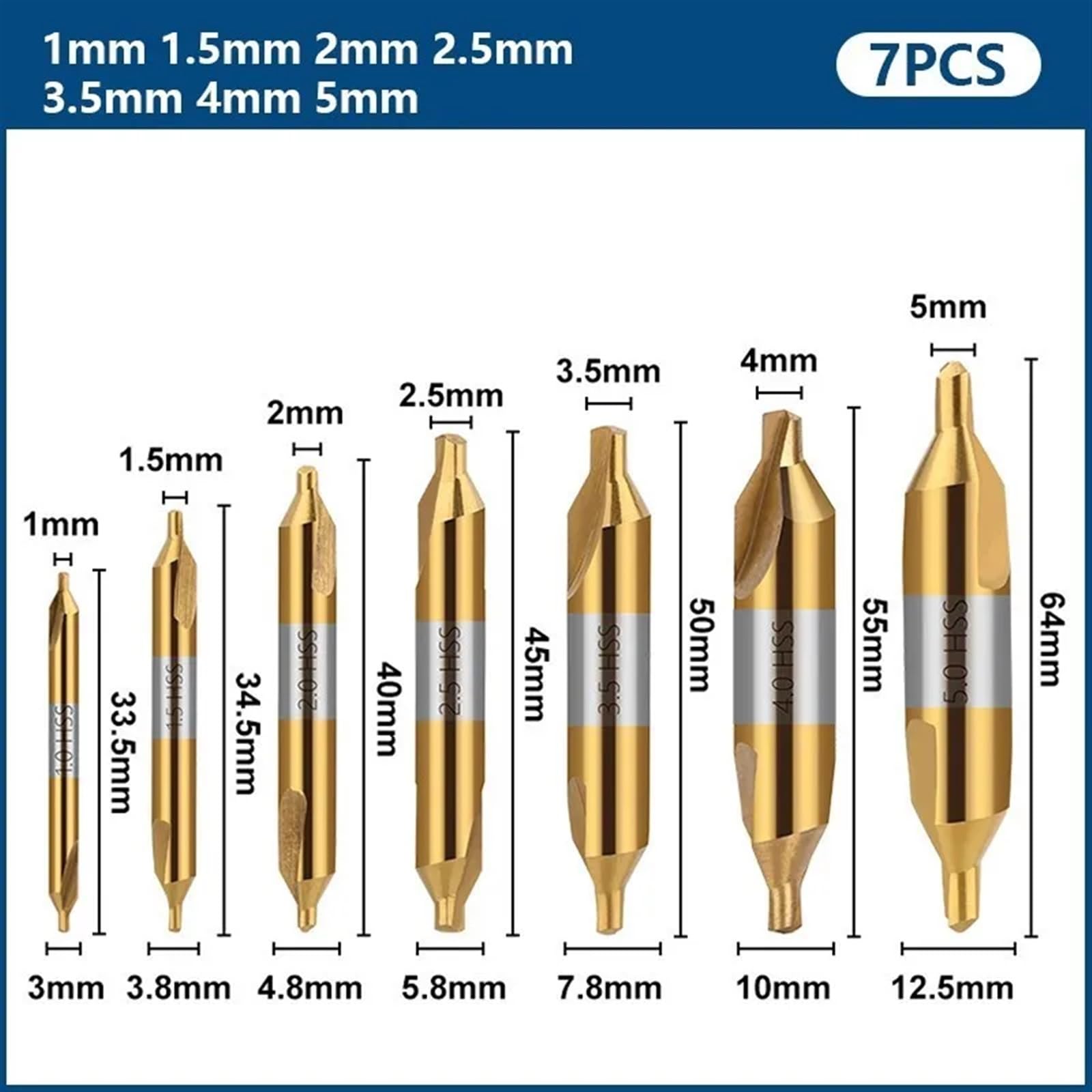 HSS Zentrierbohrer 60 Grad Senkung Kombiniert Winkelbohrer 1,0 1,5 2,0 2,5 3,0 3,15 3,5 4,0 5,0 6,0 mm Metallbohrer 1 Stück (7pcs Set)