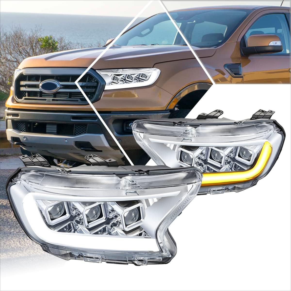 LED Switchback Signal Projector Headlights Assembly Compatible with 19-23 Ford Ranger XL XLT,Black Housing/Clear Lens