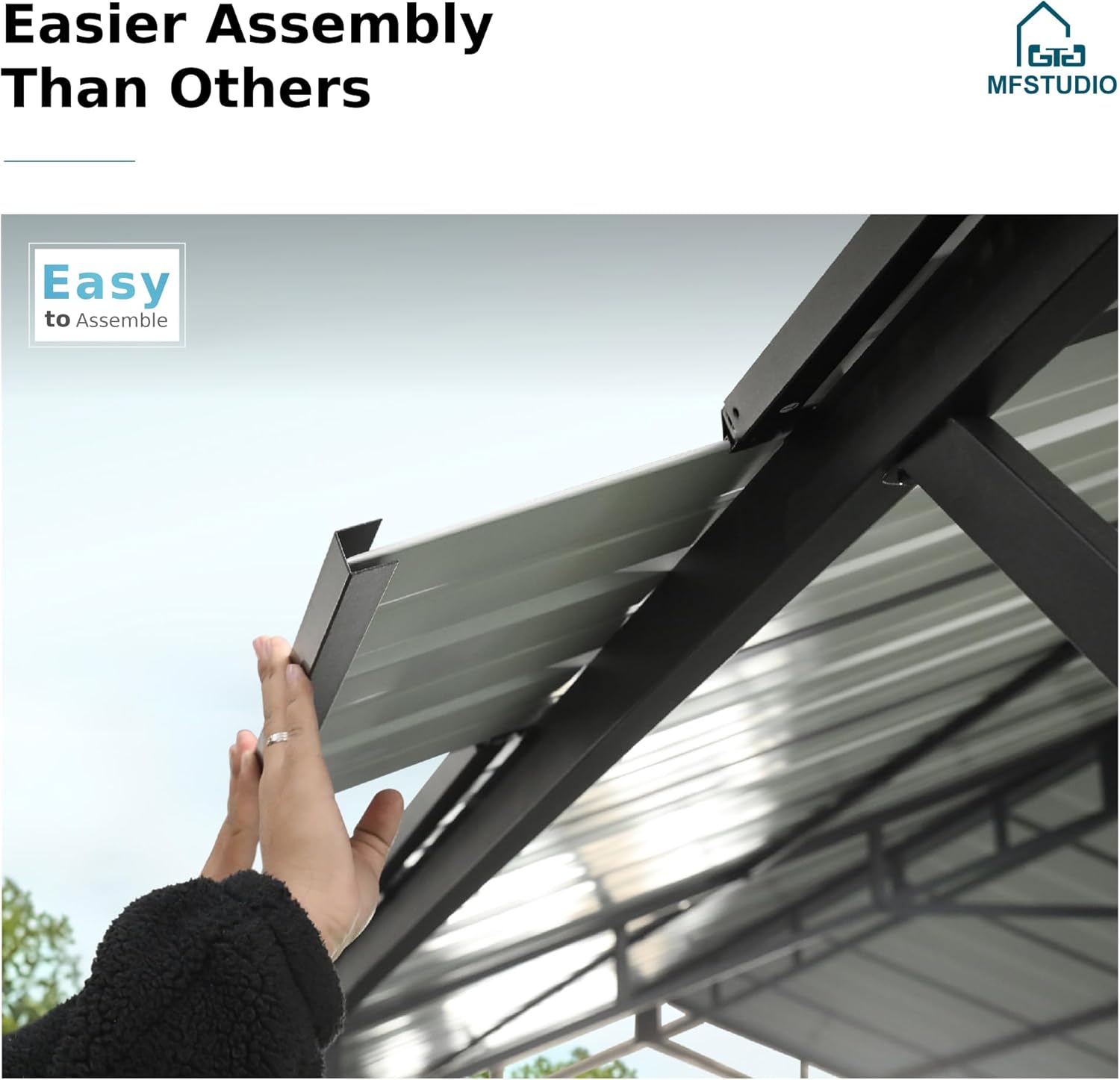 Close-up of hands assembling a roof panel onto the carport frame