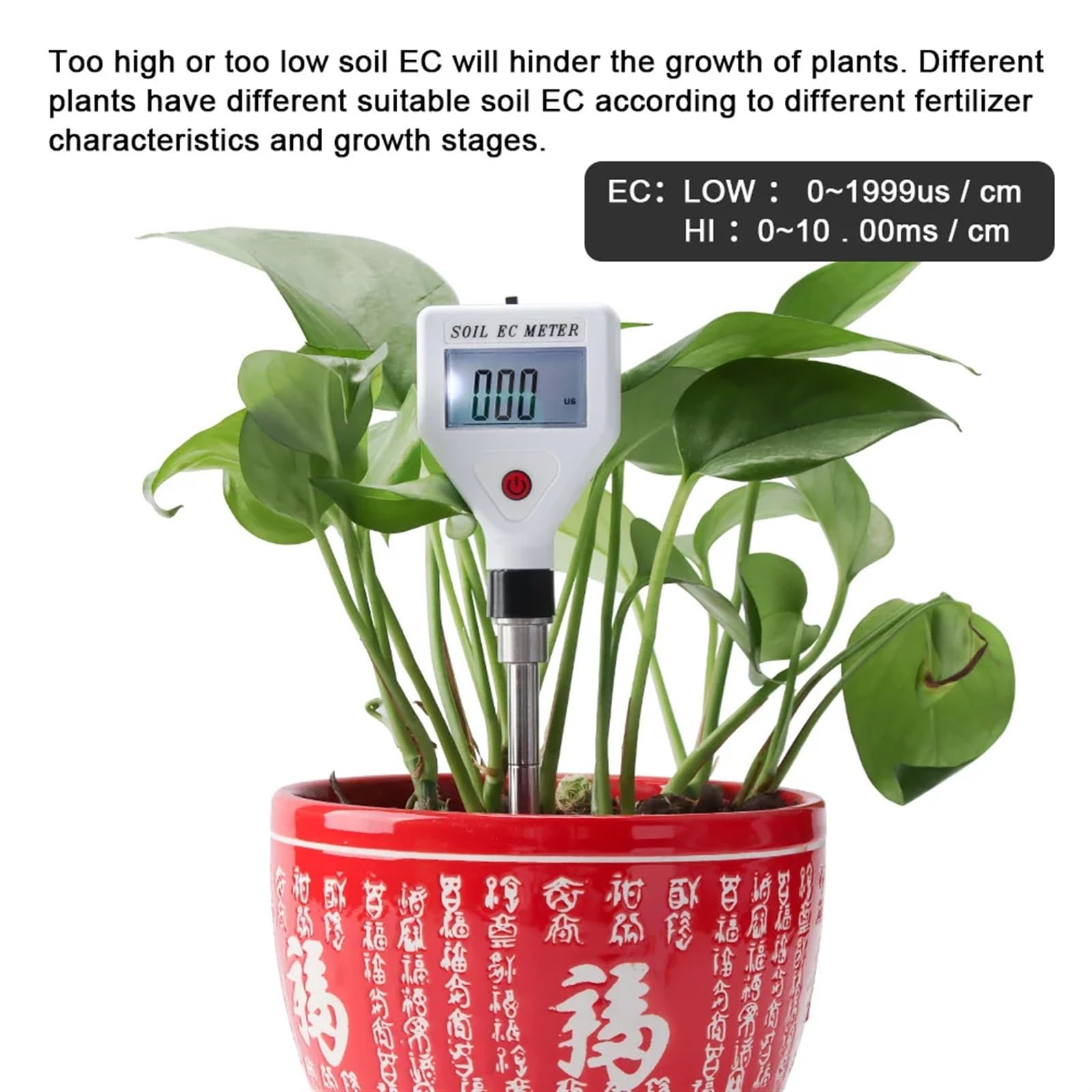 Probador de suelo, Medidor EC de suelo profesional 0-1999us/cm Sonda Metal alta precisión ATC probador conductividad Digital for tierras cultivo jardinería flores