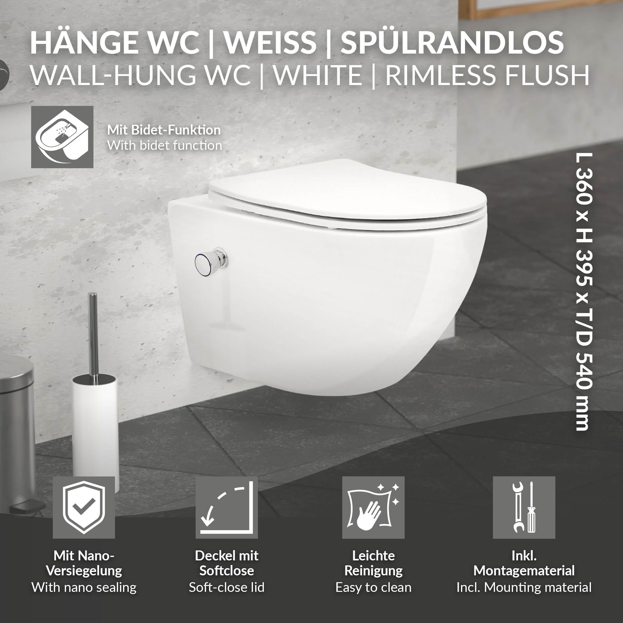 ECD Germany Inodoro Suspendido con Función de Bidé WC de Cerámica Blanca Nanorecubrimiento 54 cm de Largo con Mecanismo de Cierre Suave Softclose Tapa Duroplast Extraíble sin Cisterna