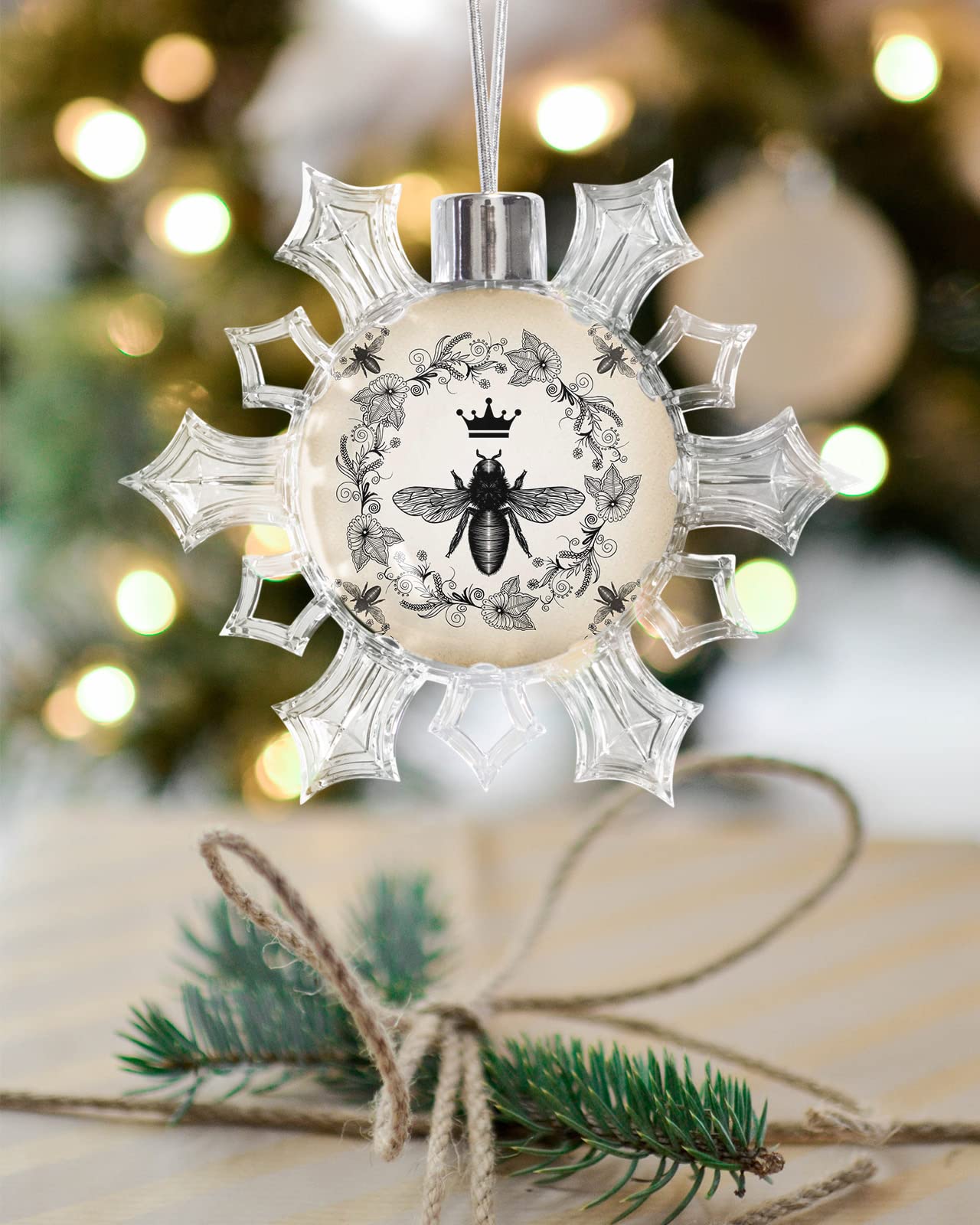 Snowflake Ornaments Hanging Bee Christmas Tree Ornaments with Image Decorative Ornaments Gift for New Year Christmas Party Decoration, French Bee Garden Vintage Queen Floral