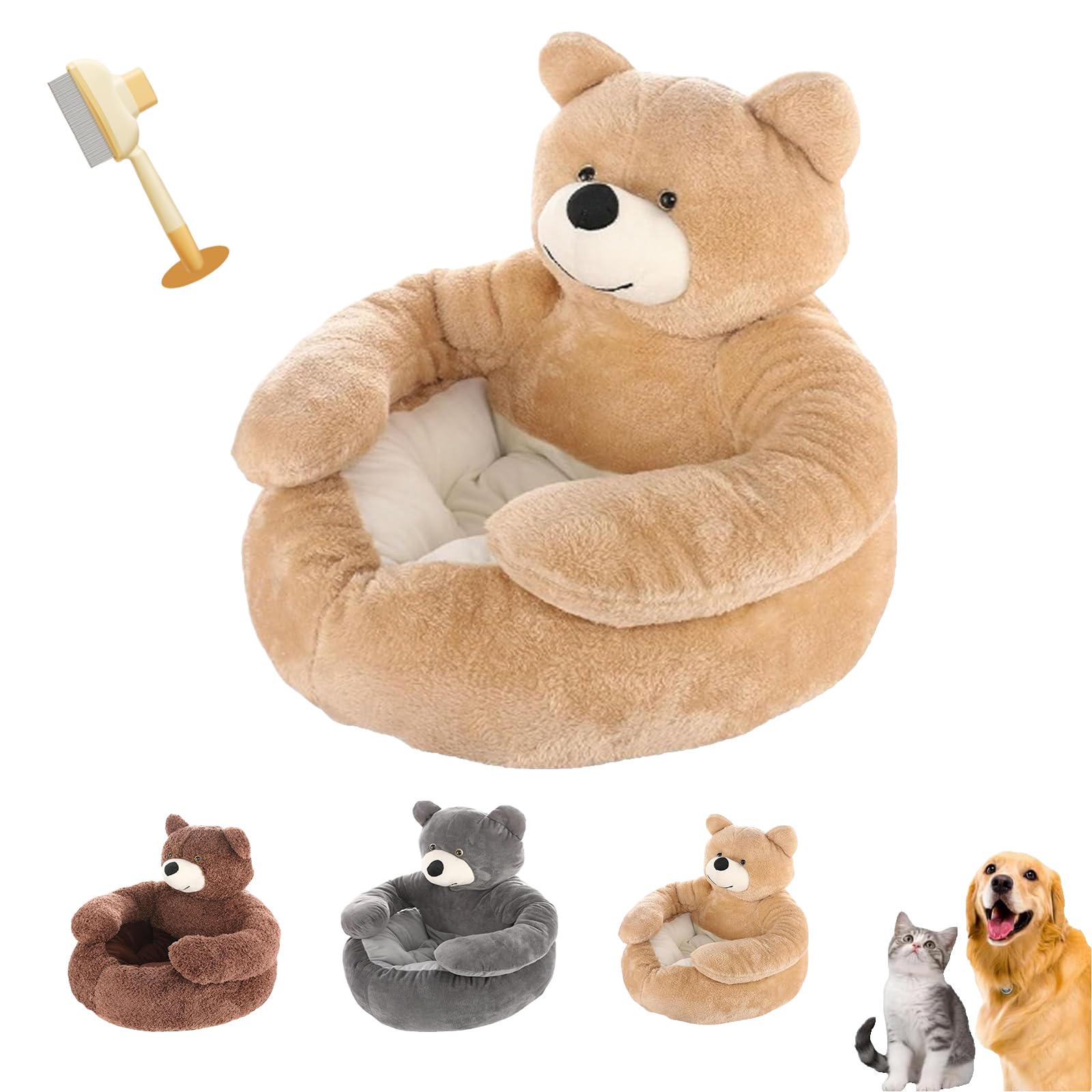 Teddybär-Hundebett – Plüsch-Haustier-Sofa für kleine Hunde und Katzen, 2025 Upgrade mit Armen und abnehmbarer Kühlmatte, waschbares, flauschiges Welpenbett mit rutschfester Unterseite (Beige, XL: 77