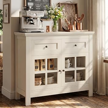 36 Buffet Cabinet Sideboard, Coffee Bar Storage Cabinet with Drawers and Display Glass Doors, Farmhouse Kitchen Credenza with Adjustable Shelves for Kitchen, Living Room, Rustic White