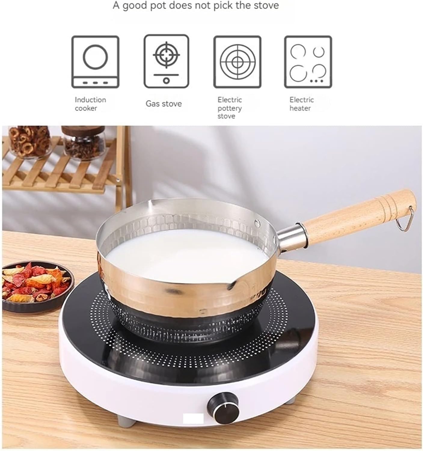 Stainless Steel Milk Pot Stainless Steel Snow Flat Pan Wooden Handle Milk Uncoated Household Supplement Pot Instant Noodles