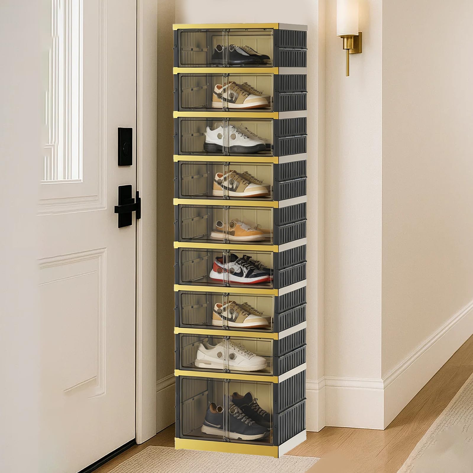 SYNCVIBE Foldable Shoe Rack, 9-Tier, 18 Pairs, 17.3" Wide, Black Gold
